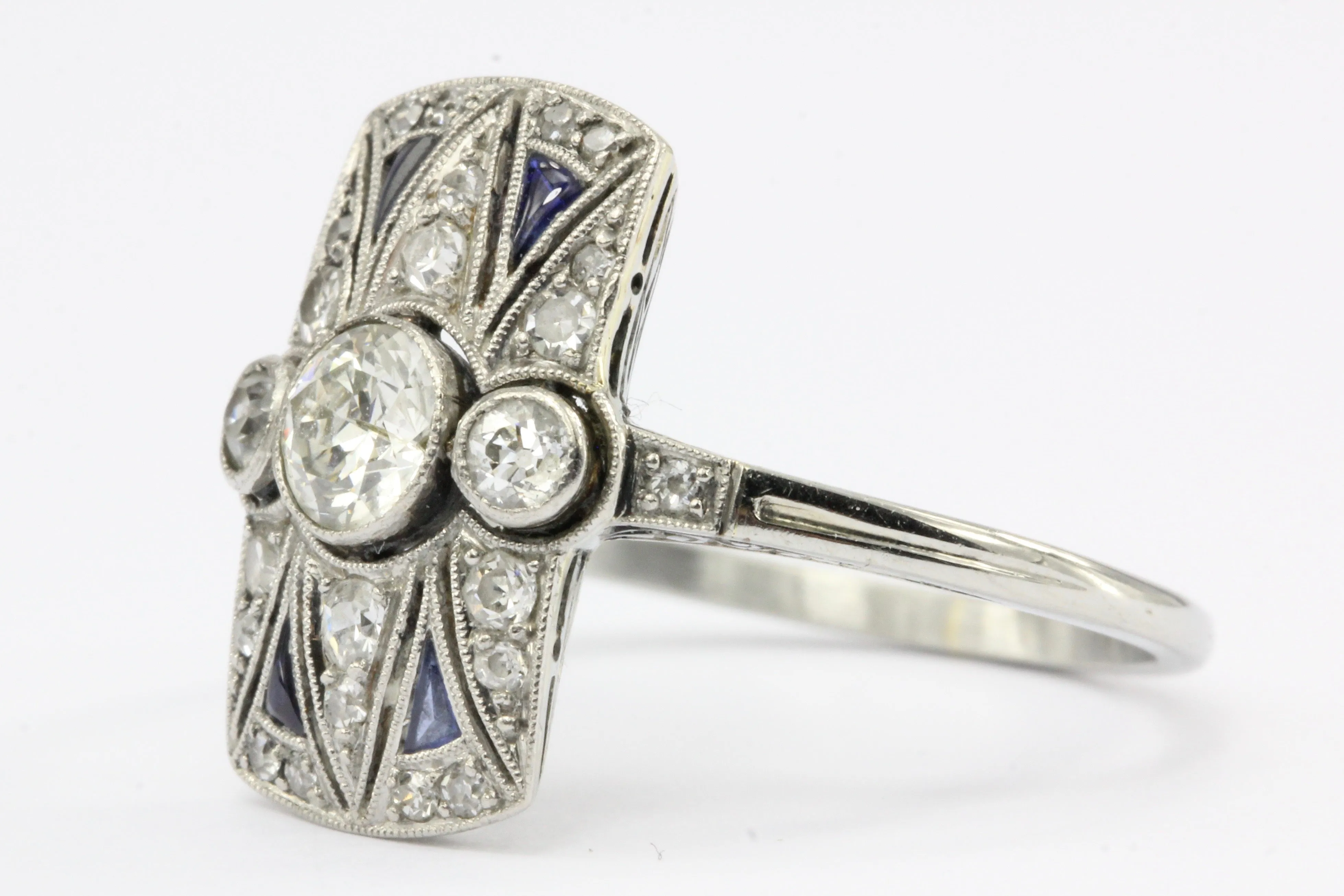 Art Deco 18K White Gold Diamond and Sapphire Ring