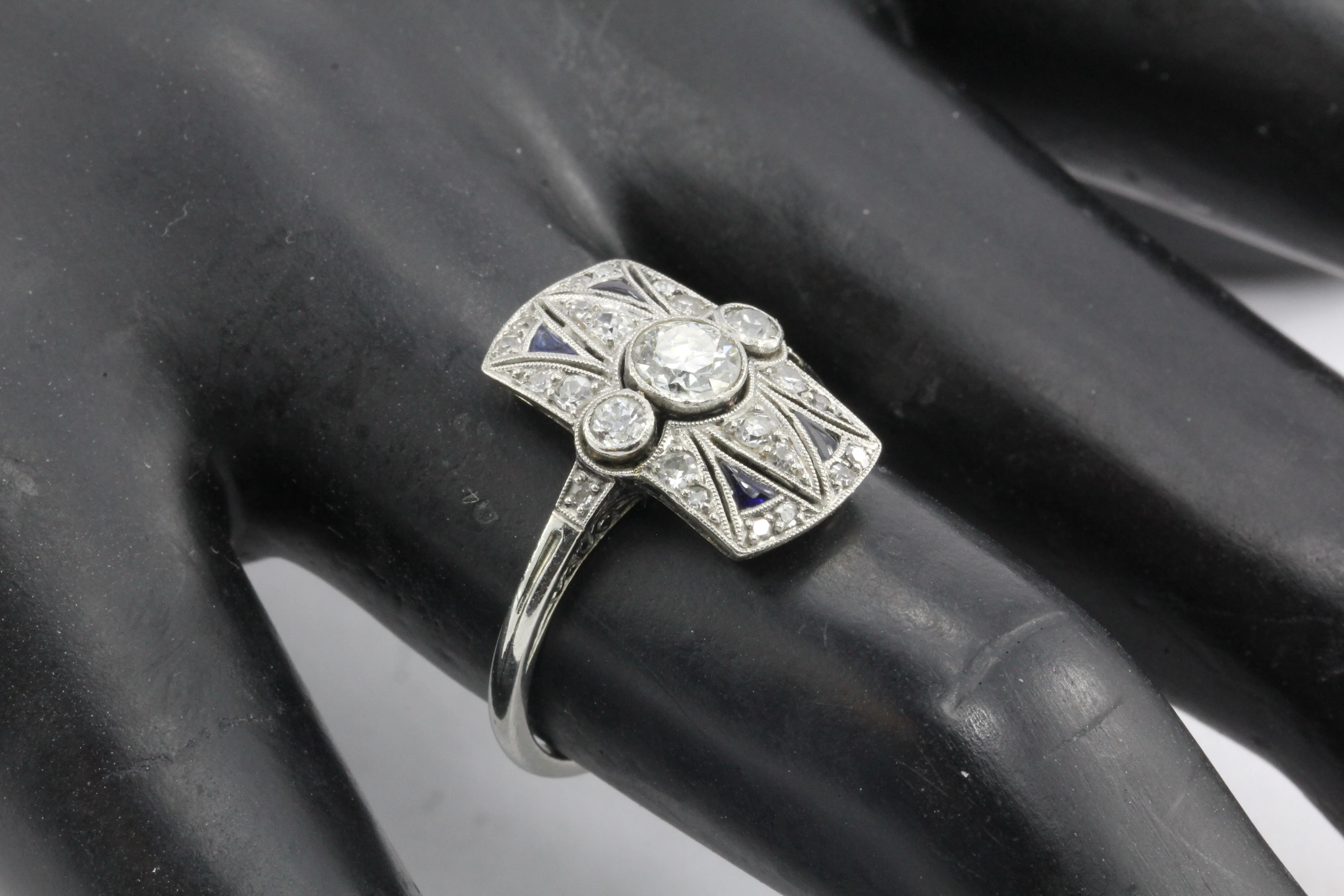 Art Deco 18K White Gold Diamond and Sapphire Ring