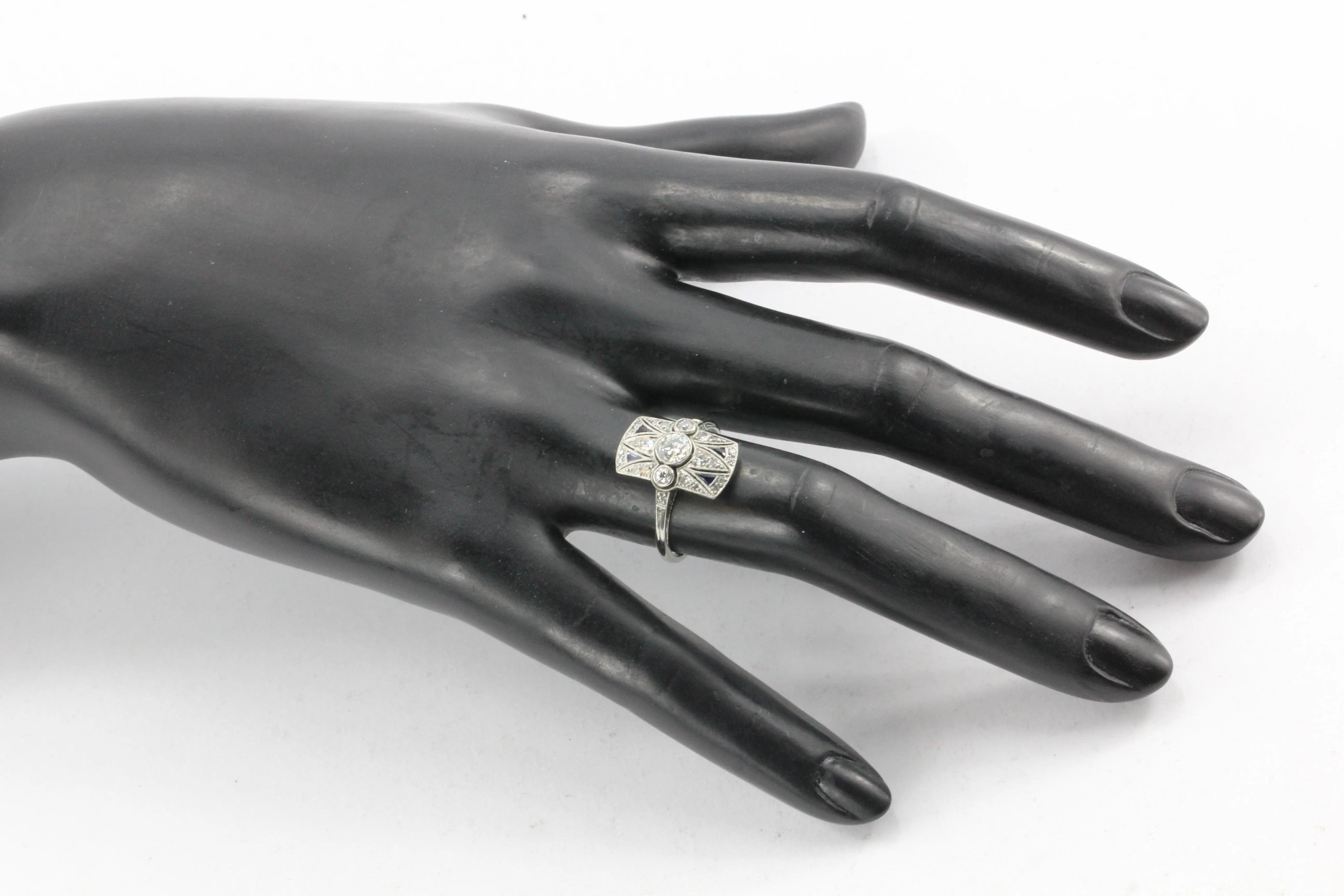 Art Deco 18K White Gold Diamond and Sapphire Ring