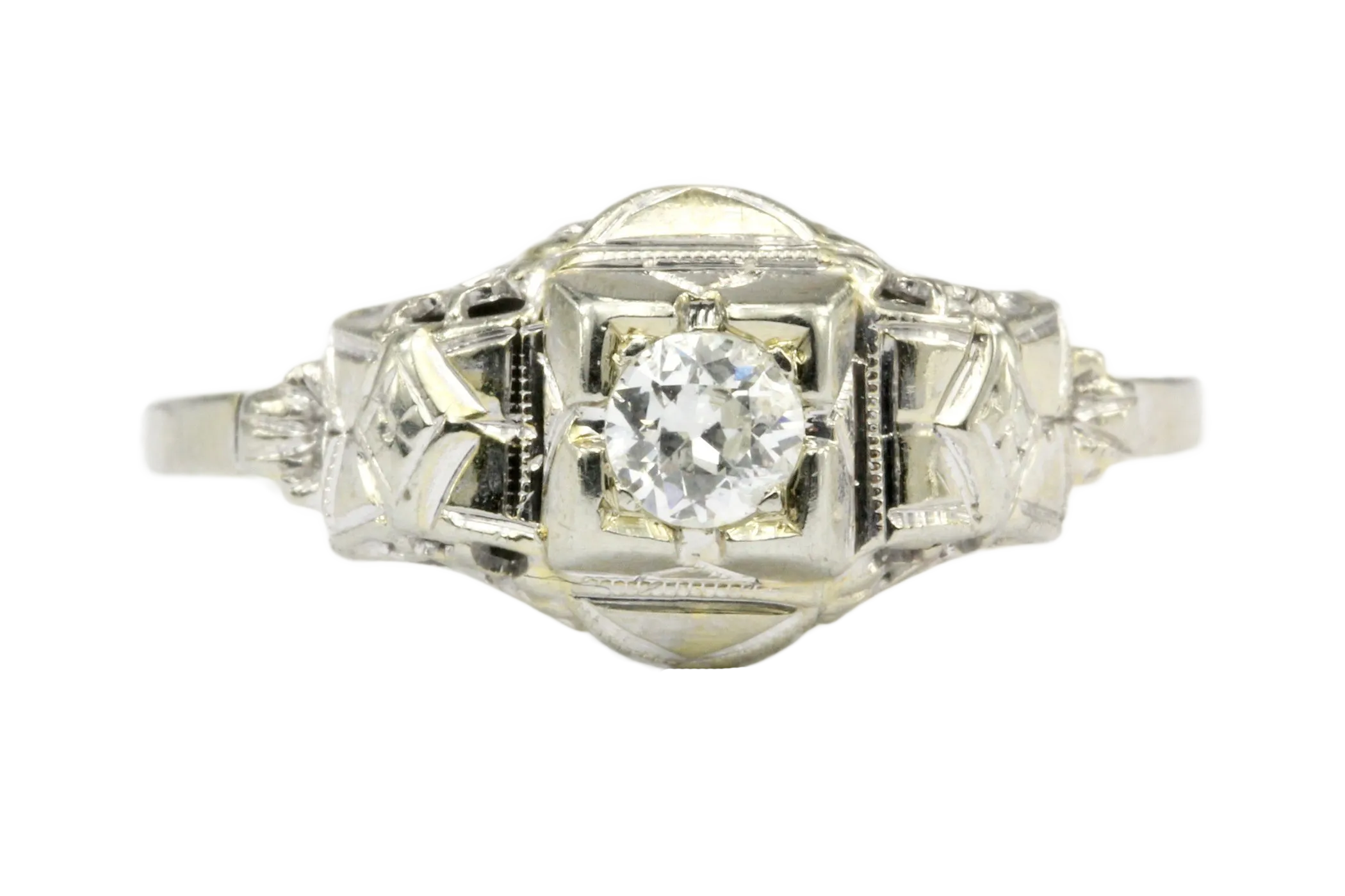 Art Deco 18K White Gold Diamond Engagement Ring Size 7.25