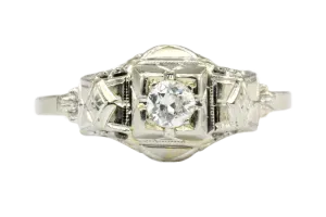 Art Deco 18K White Gold Diamond Engagement Ring Size 7.25