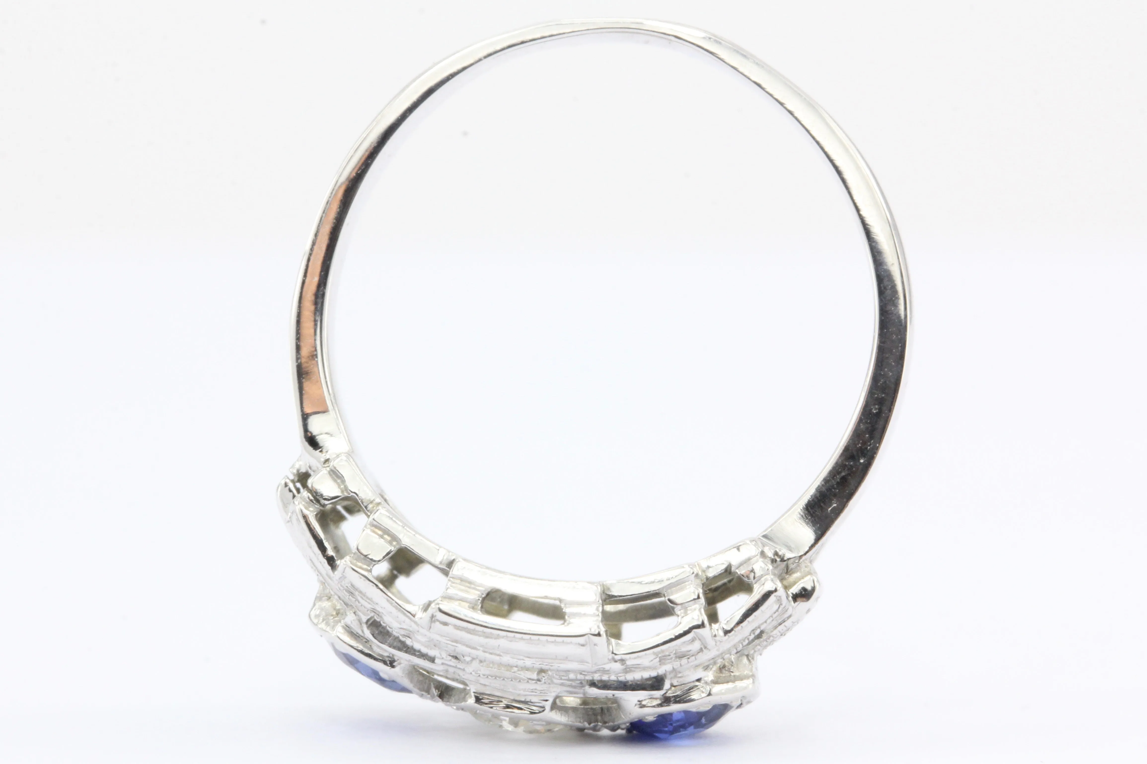 Art Deco 18K White Gold Old European Cut Diamond Sapphire Ring c.1920's