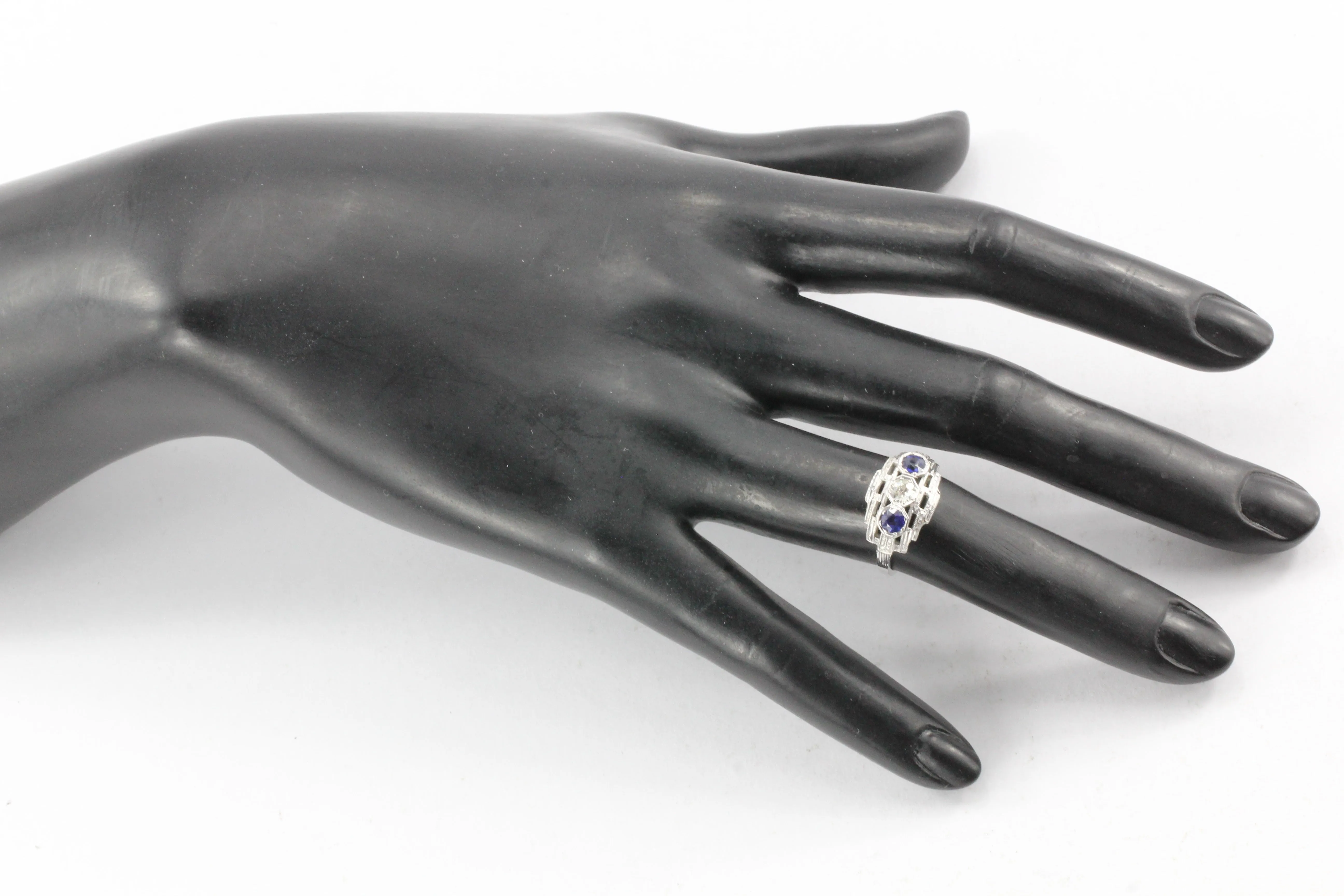 Art Deco 18K White Gold Old European Cut Diamond Sapphire Ring c.1920's