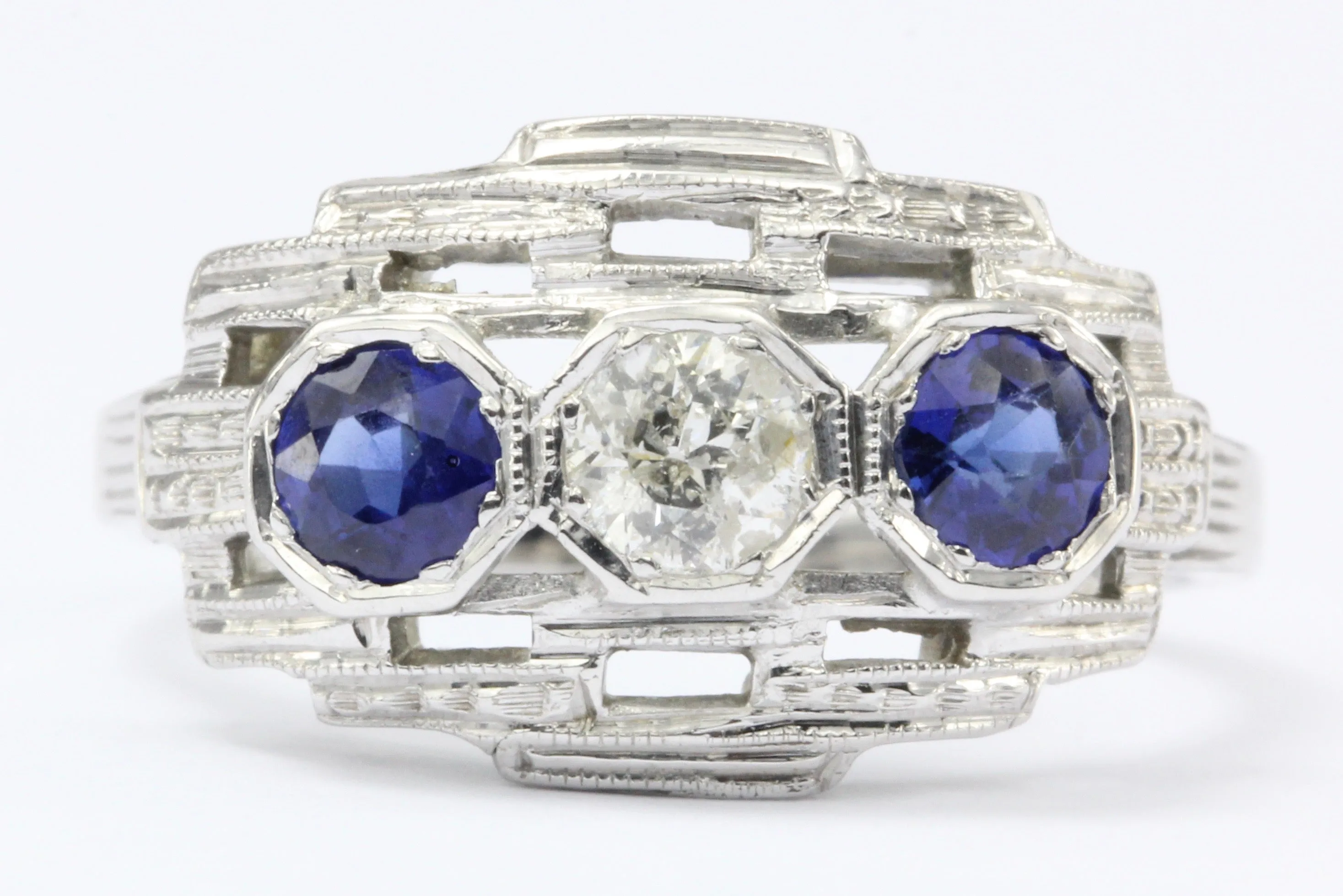 Art Deco 18K White Gold Old European Cut Diamond Sapphire Ring c.1920's