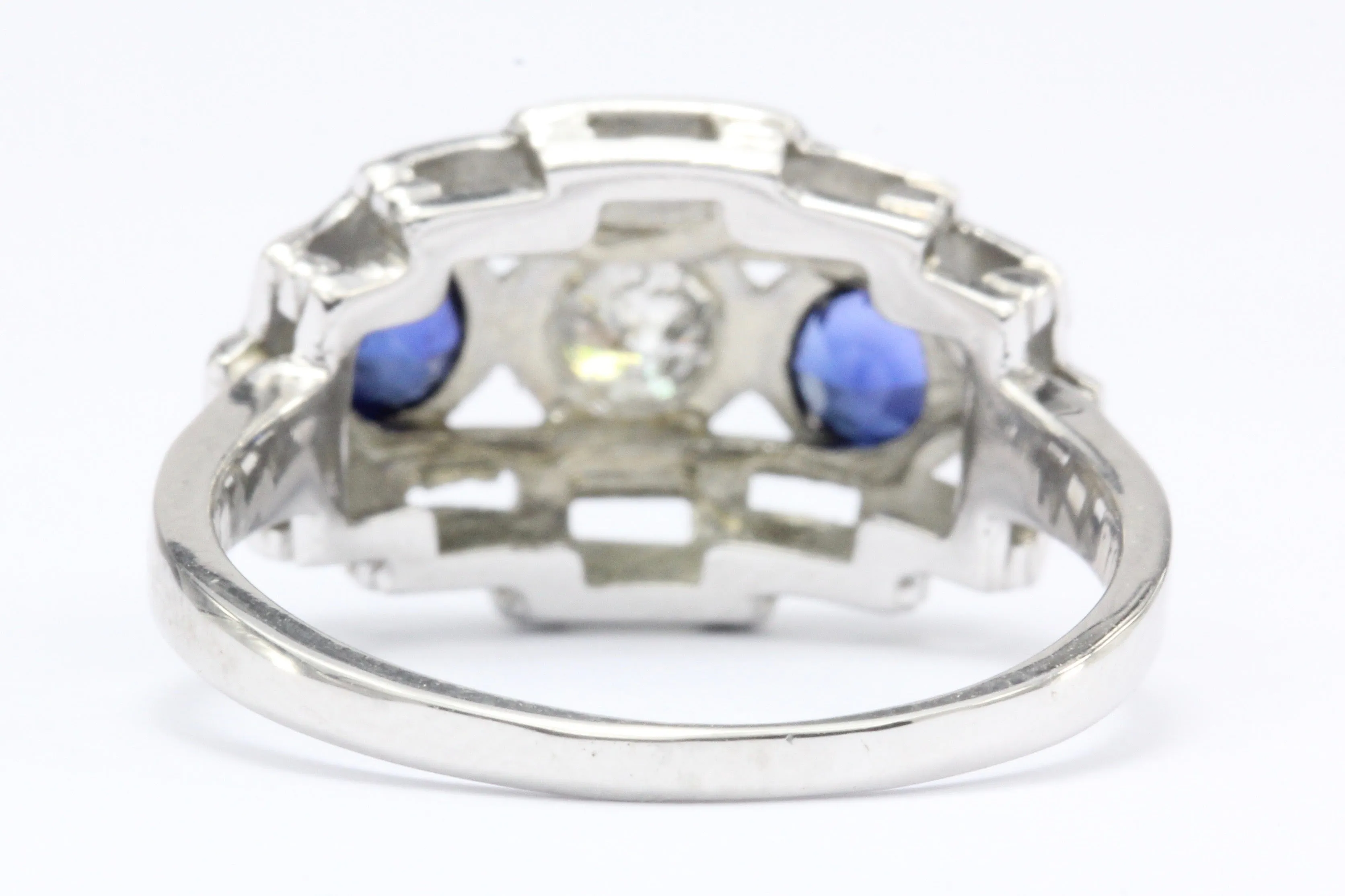 Art Deco 18K White Gold Old European Cut Diamond Sapphire Ring c.1920's