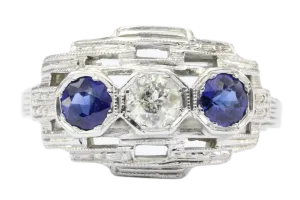 Art Deco 18K White Gold Old European Cut Diamond Sapphire Ring c.1920's