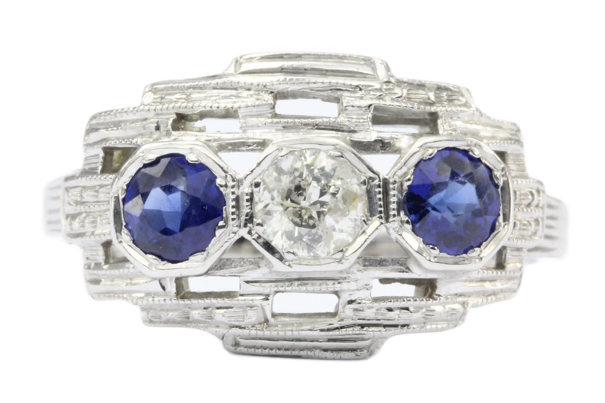 Art Deco 18K White Gold Old European Cut Diamond Sapphire Ring c.1920's