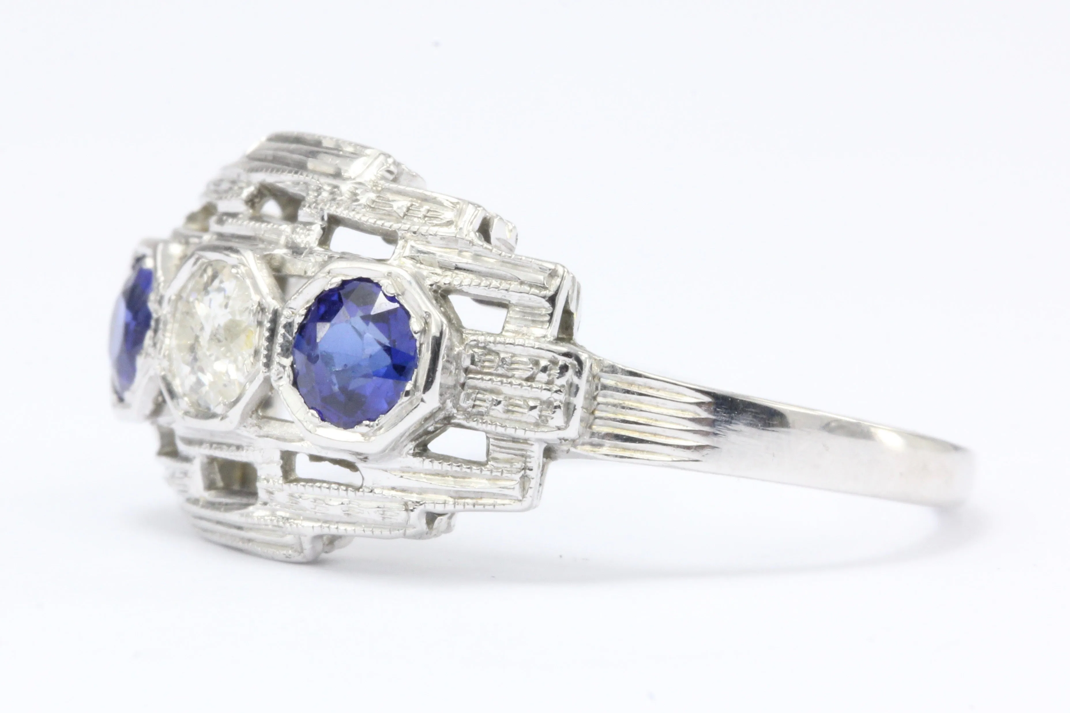 Art Deco 18K White Gold Old European Cut Diamond Sapphire Ring c.1920's