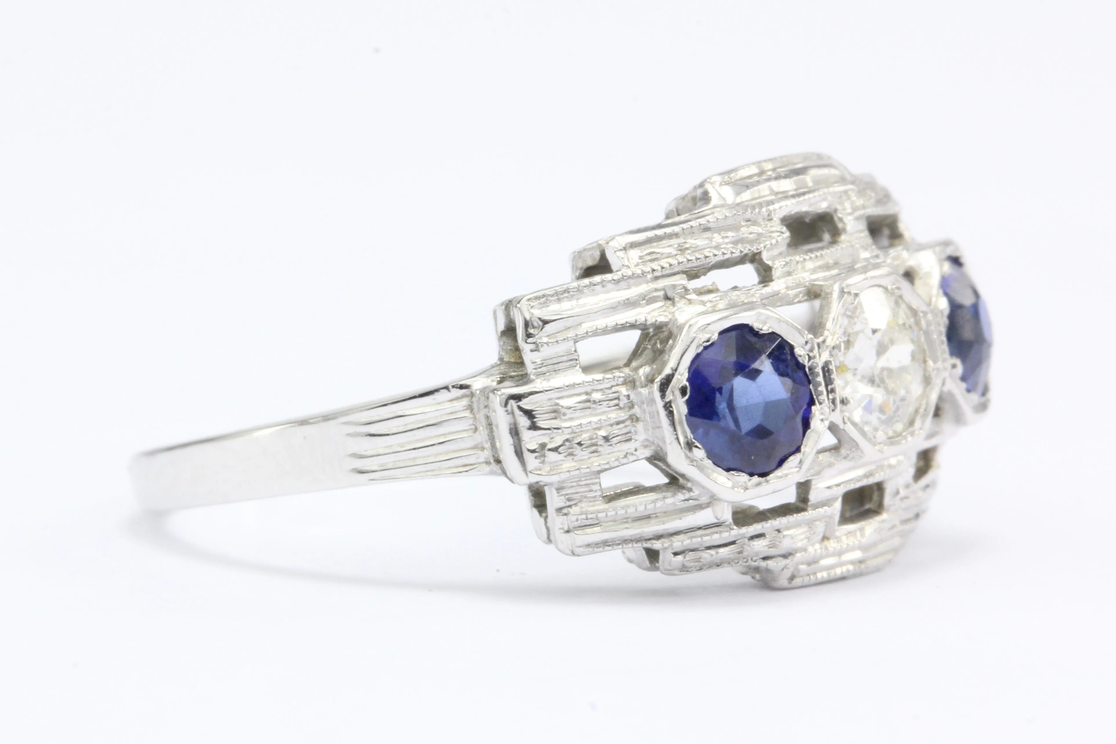 Art Deco 18K White Gold Old European Cut Diamond Sapphire Ring c.1920's
