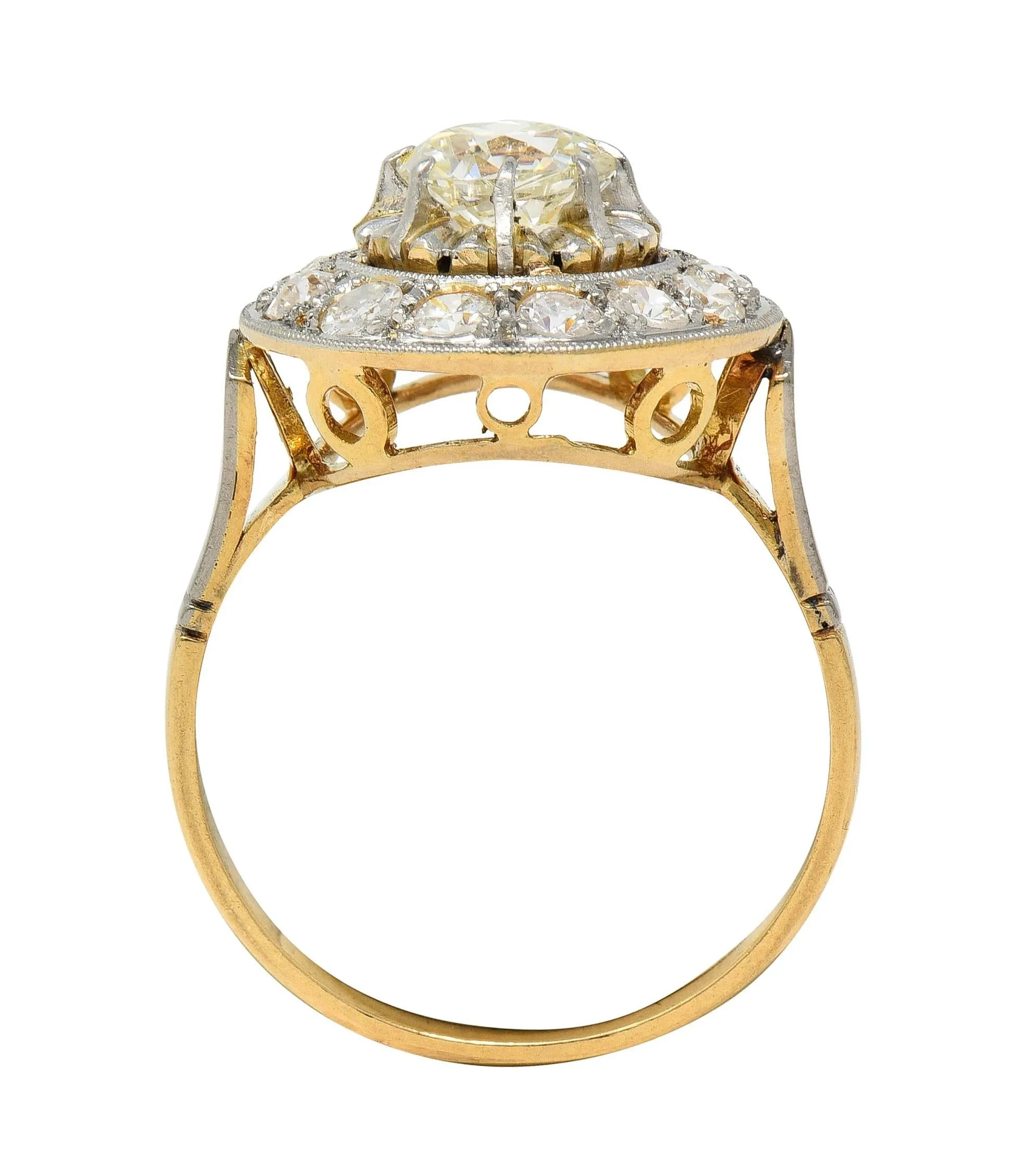 Art Deco 2.00 CTW Old Mine Cut Diamond Platinum 18 Karat Gold Vintage Halo Ring