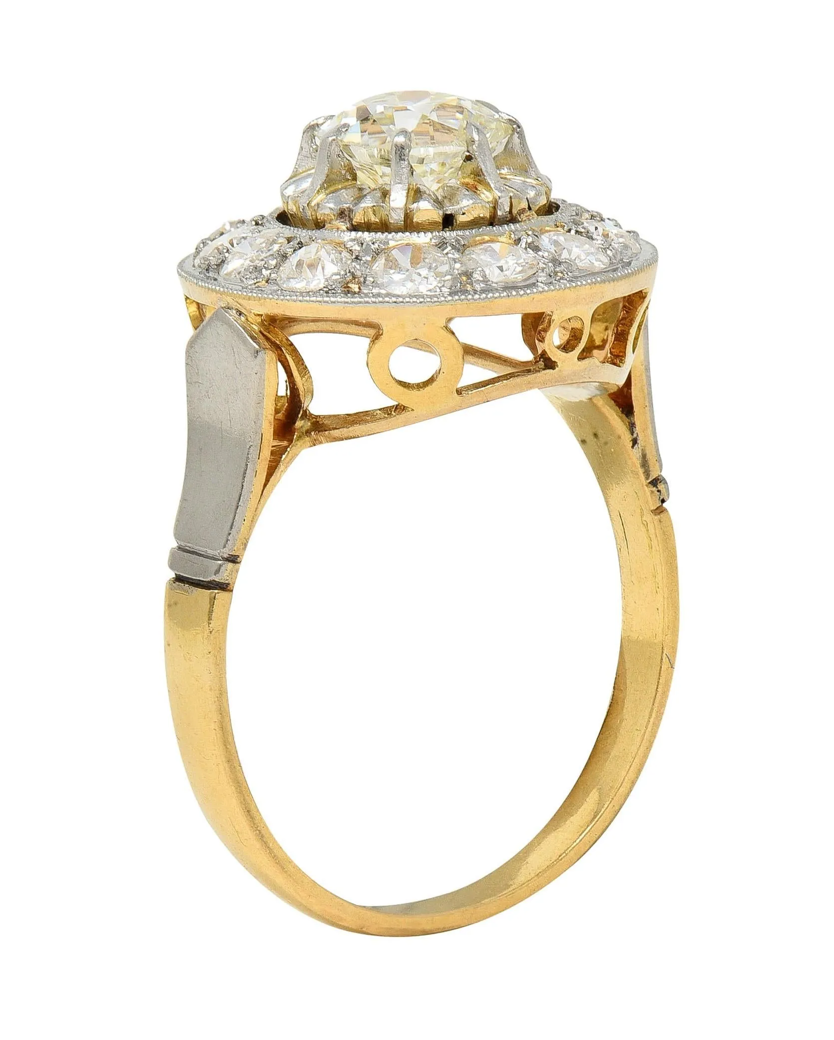 Art Deco 2.00 CTW Old Mine Cut Diamond Platinum 18 Karat Gold Vintage Halo Ring