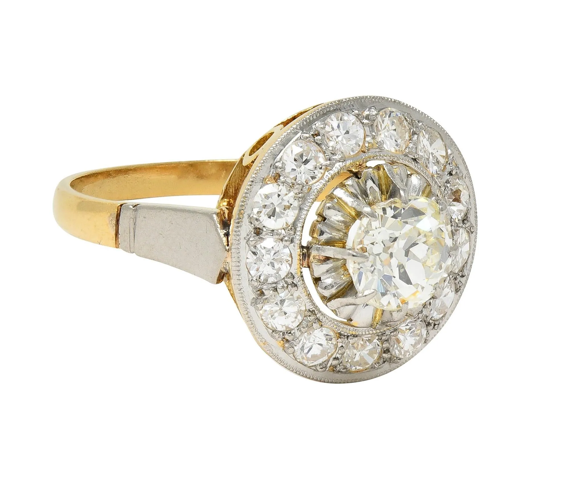 Art Deco 2.00 CTW Old Mine Cut Diamond Platinum 18 Karat Gold Vintage Halo Ring