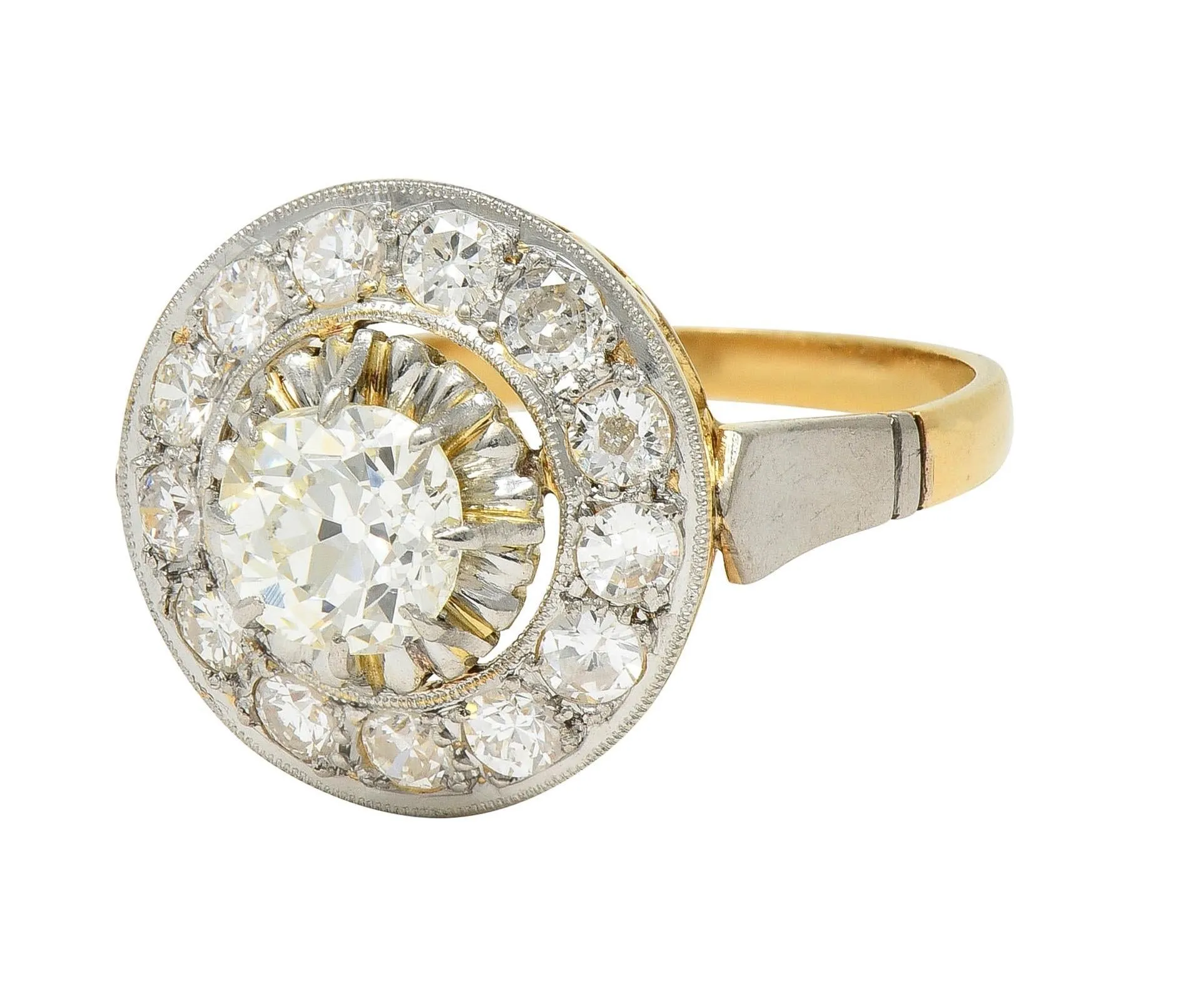 Art Deco 2.00 CTW Old Mine Cut Diamond Platinum 18 Karat Gold Vintage Halo Ring
