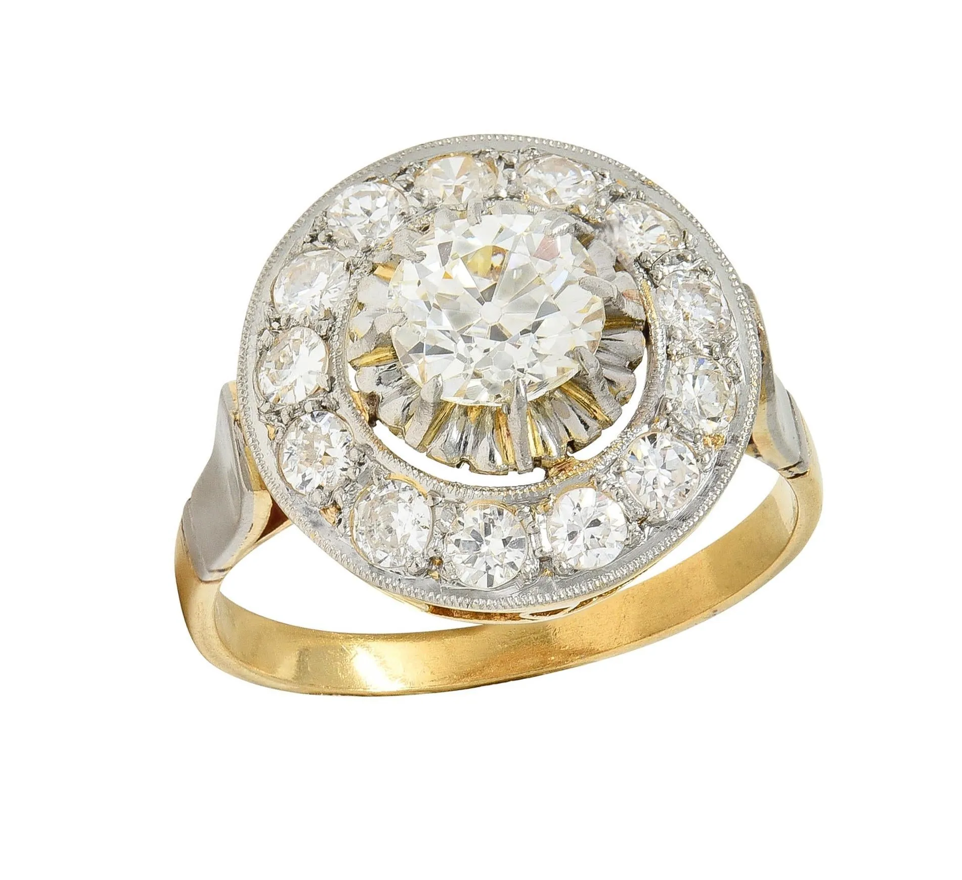 Art Deco 2.00 CTW Old Mine Cut Diamond Platinum 18 Karat Gold Vintage Halo Ring
