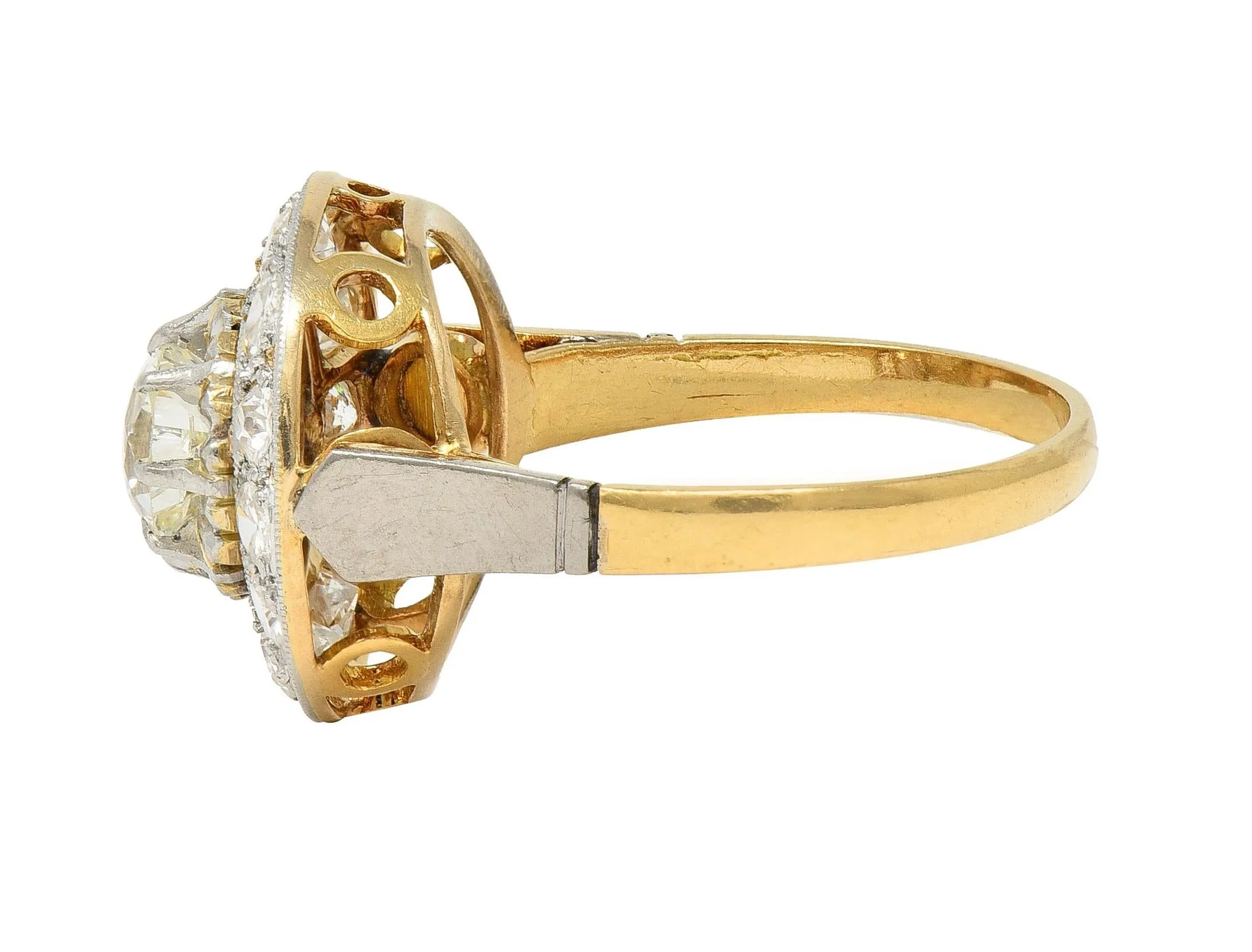 Art Deco 2.00 CTW Old Mine Cut Diamond Platinum 18 Karat Gold Vintage Halo Ring