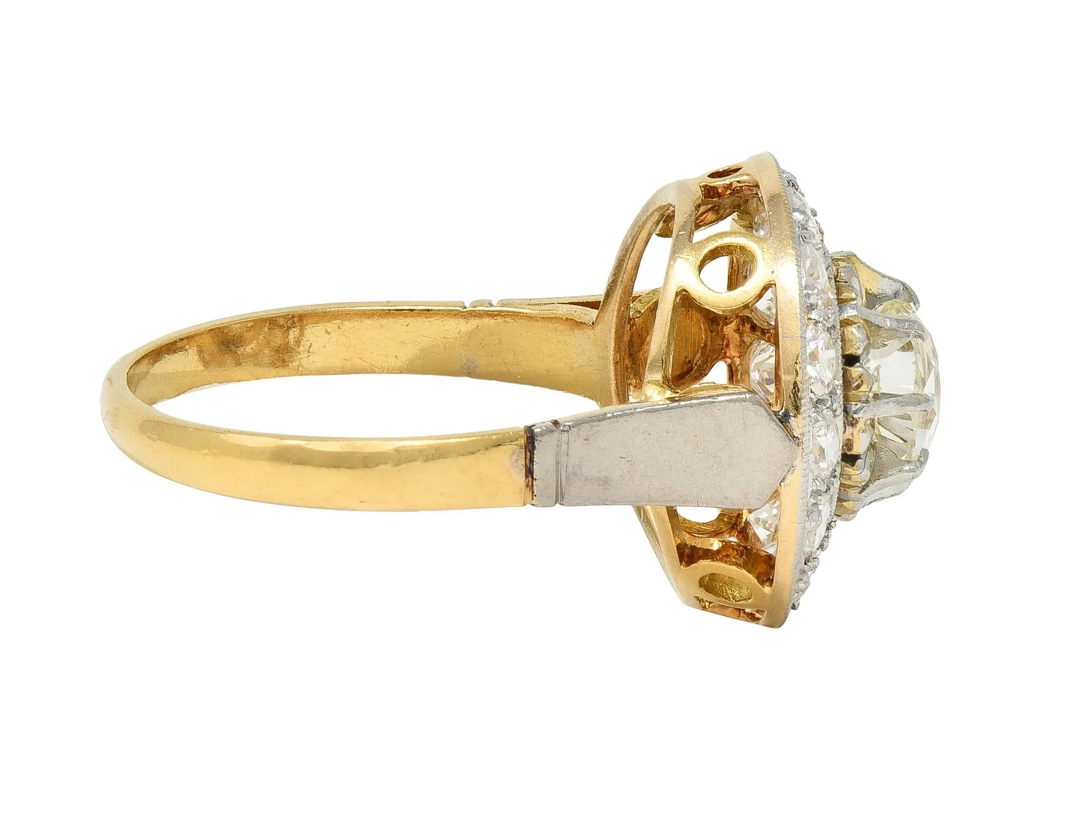 Art Deco 2.00 CTW Old Mine Cut Diamond Platinum 18 Karat Gold Vintage Halo Ring