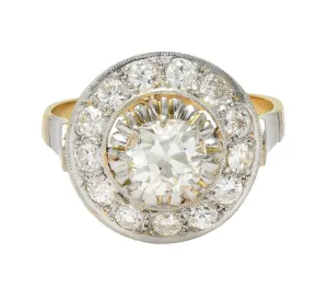 Art Deco 2.00 CTW Old Mine Cut Diamond Platinum 18 Karat Gold Vintage Halo Ring