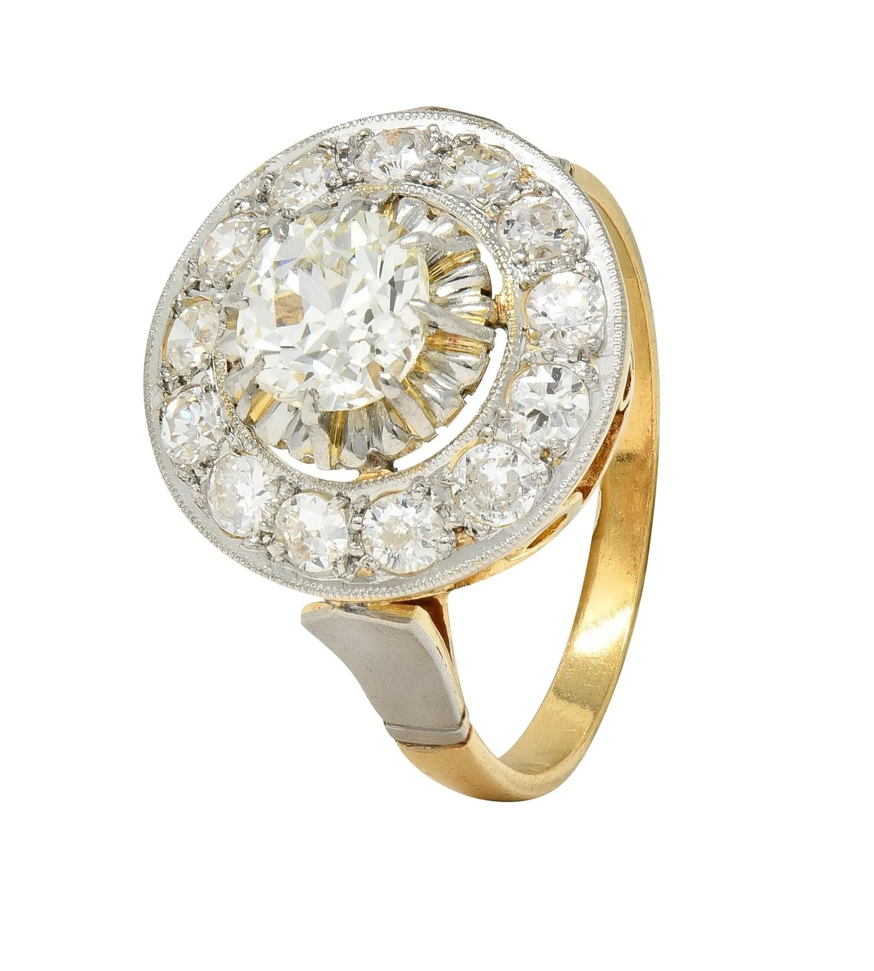 Art Deco 2.00 CTW Old Mine Cut Diamond Platinum 18 Karat Gold Vintage Halo Ring