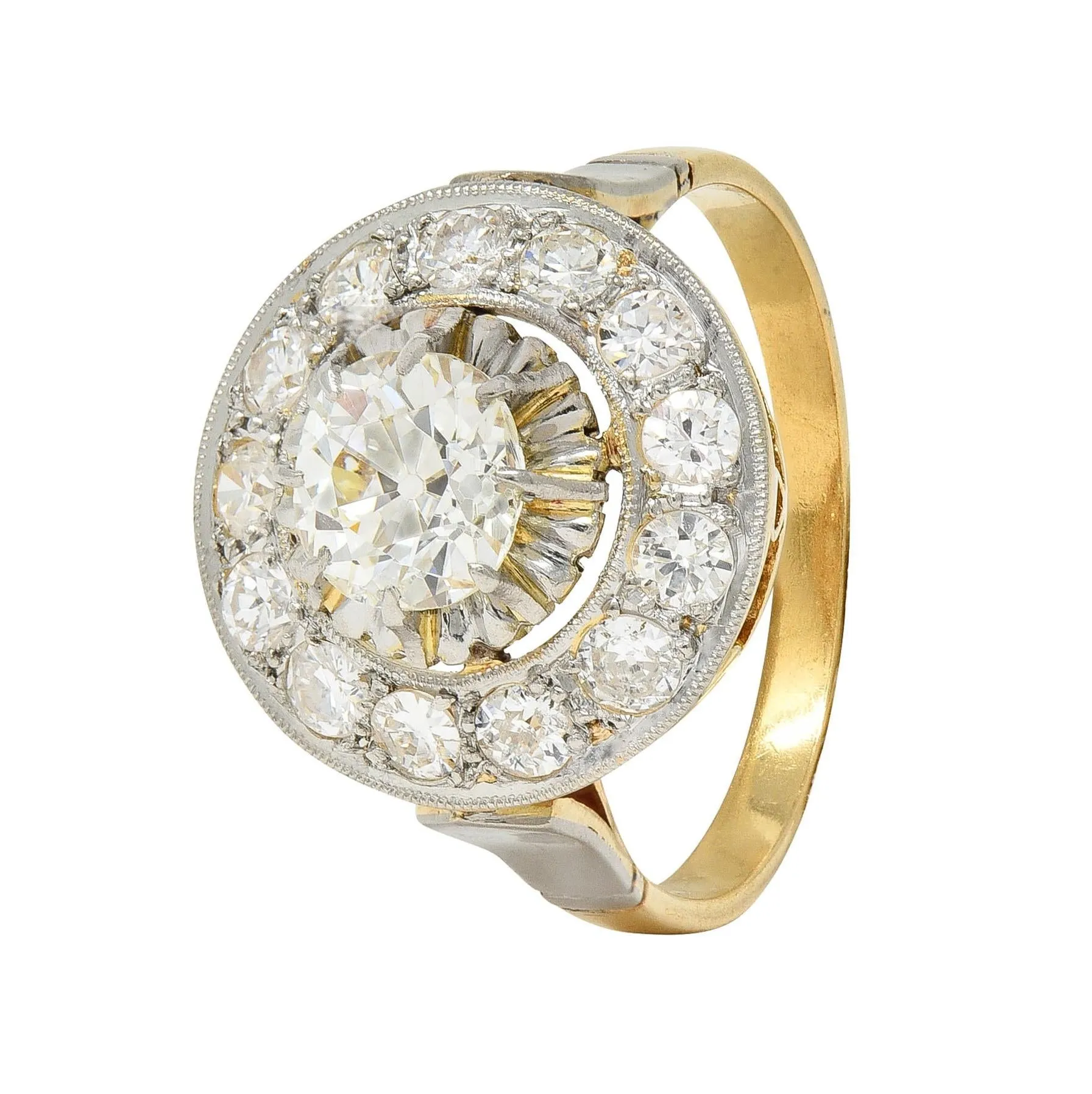 Art Deco 2.00 CTW Old Mine Cut Diamond Platinum 18 Karat Gold Vintage Halo Ring