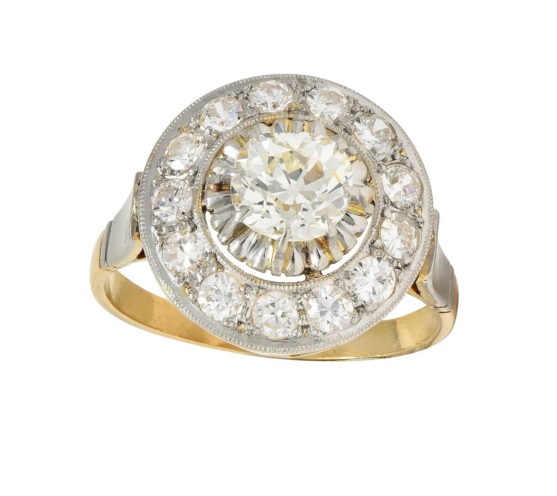 Art Deco 2.00 CTW Old Mine Cut Diamond Platinum 18 Karat Gold Vintage Halo Ring