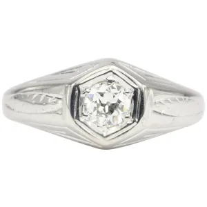 Art Deco 20K White Gold Old European Cut Diamond Ring Size 8