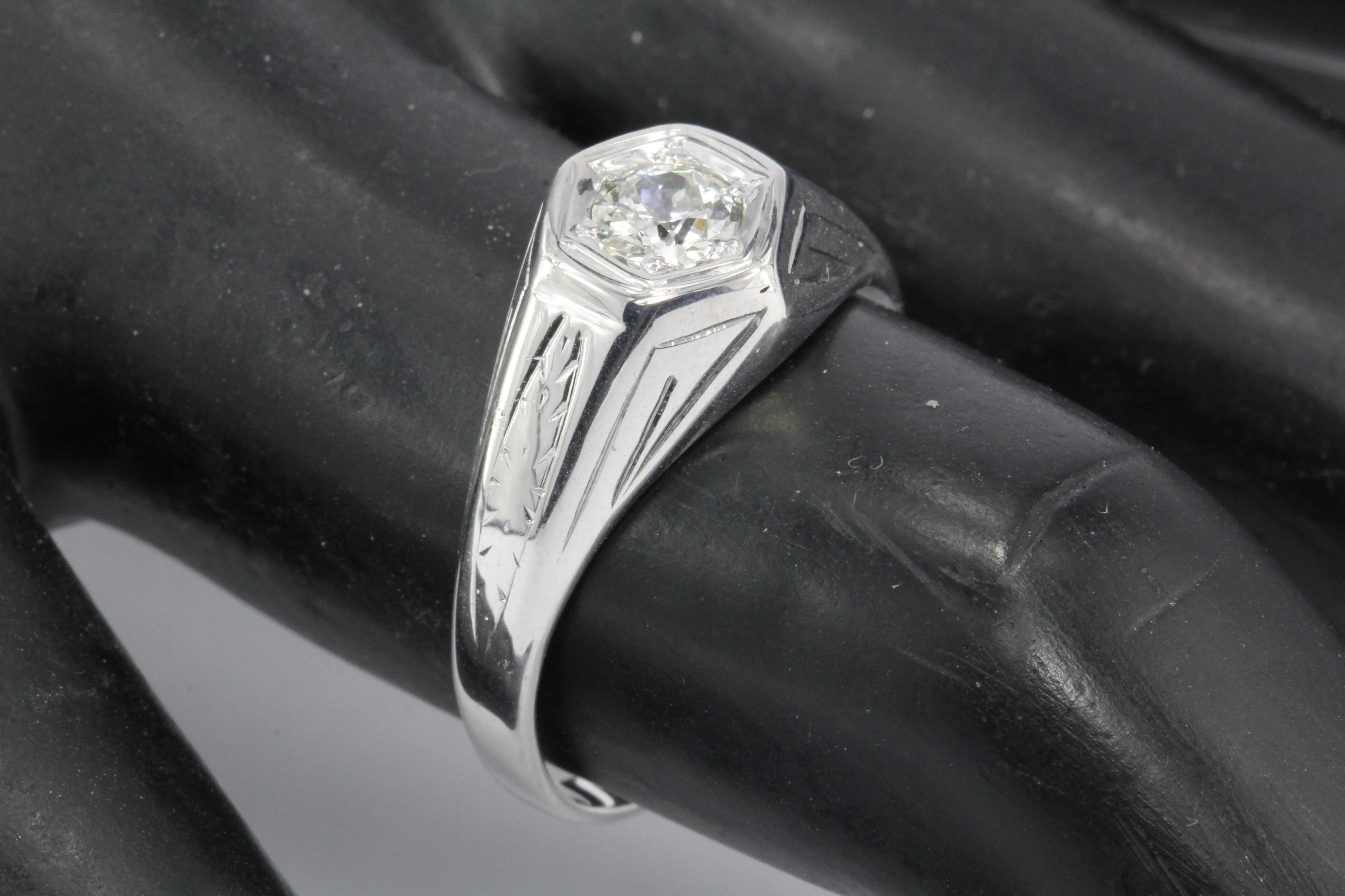 Art Deco 20K White Gold Old European Cut Diamond Ring Size 8
