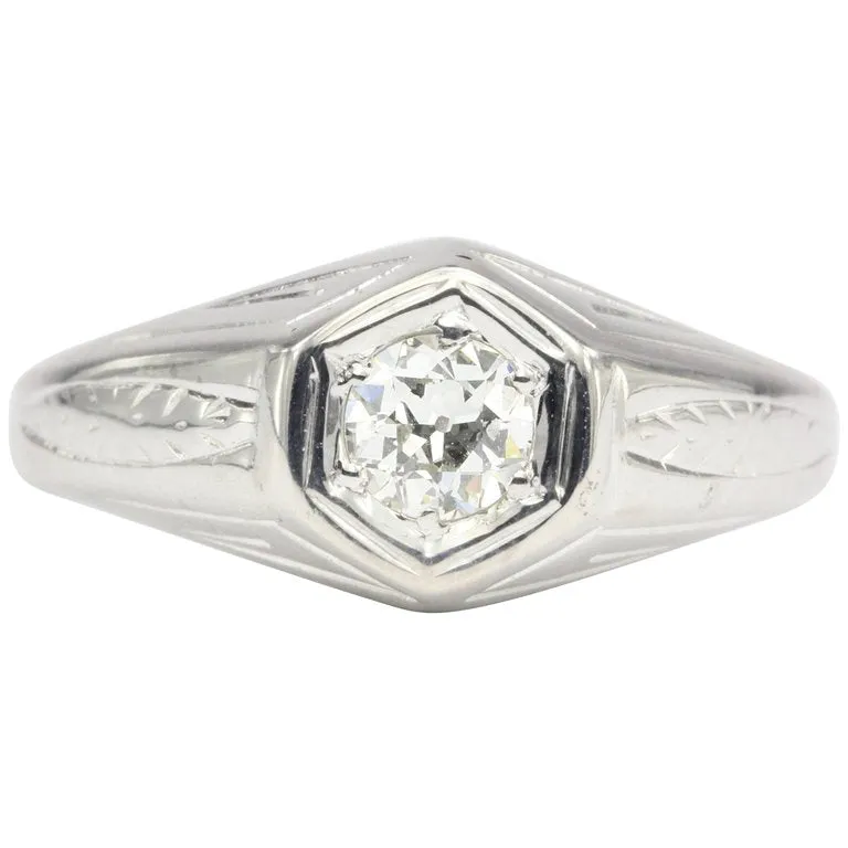 Art Deco 20K White Gold Old European Cut Diamond Ring Size 8
