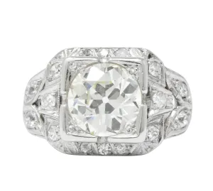 Art Deco 2.69 CTW Diamond Platinum Cushion Foliate Engagement Ring GIA