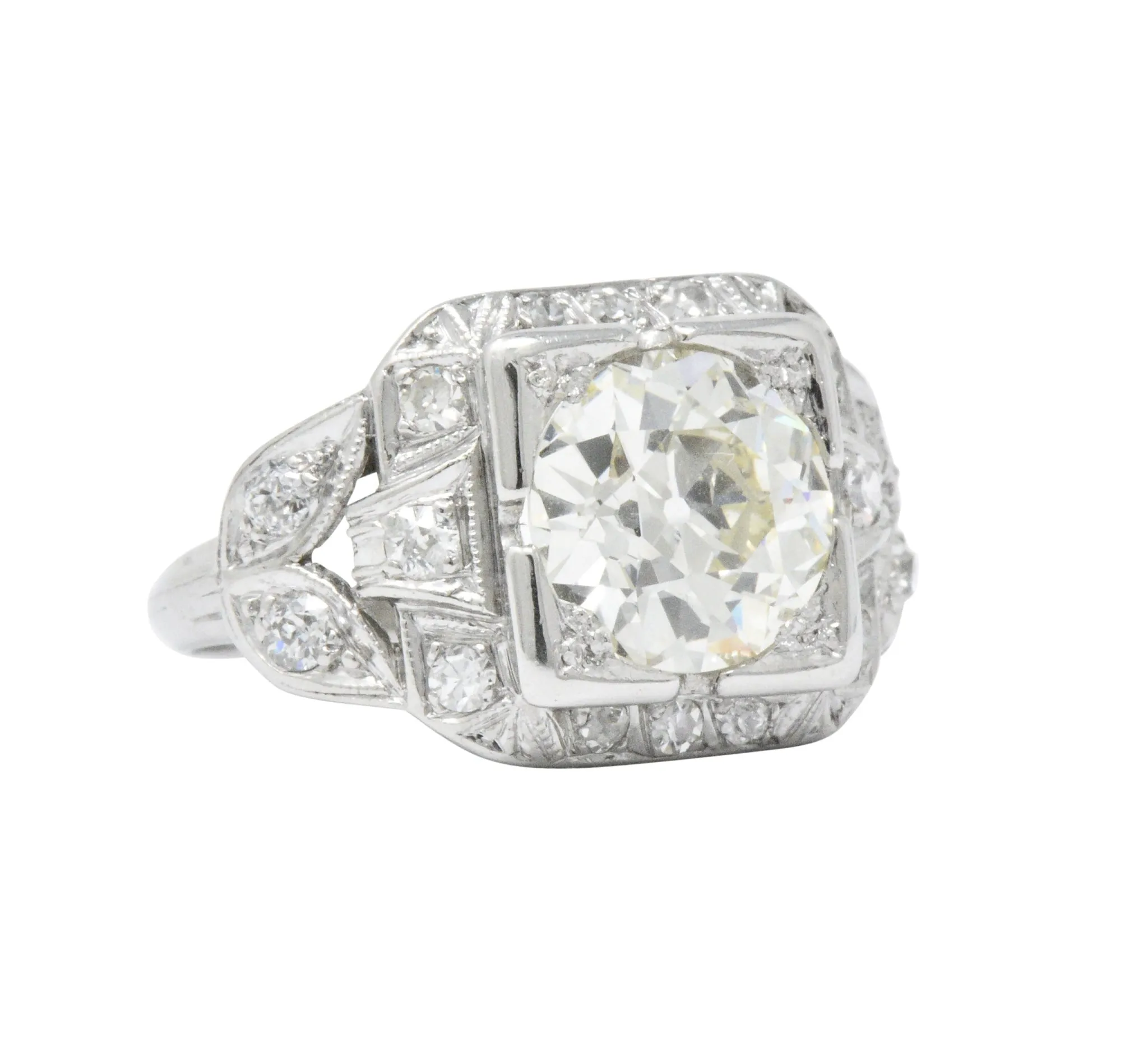 Art Deco 2.69 CTW Diamond Platinum Cushion Foliate Engagement Ring GIA