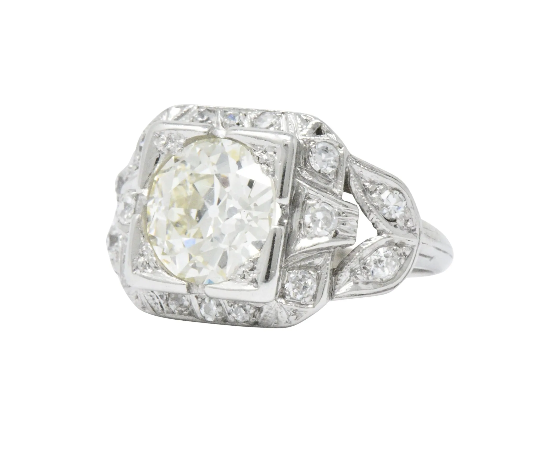 Art Deco 2.69 CTW Diamond Platinum Cushion Foliate Engagement Ring GIA