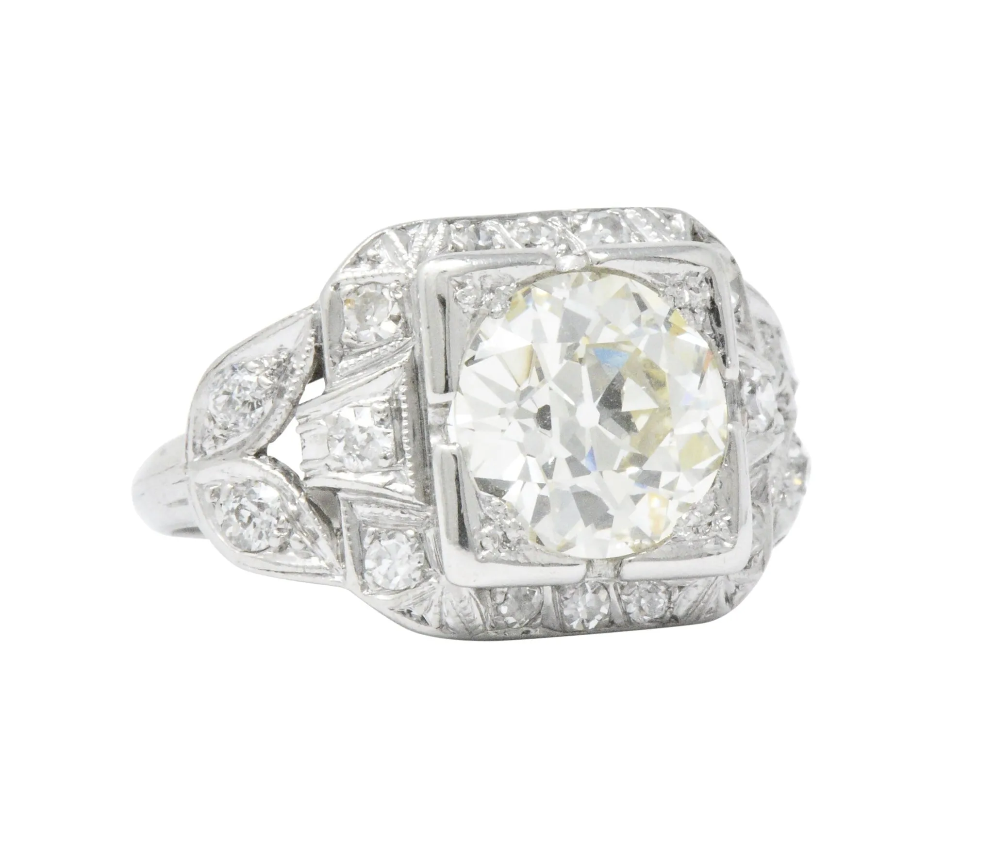 Art Deco 2.69 CTW Diamond Platinum Cushion Foliate Engagement Ring GIA