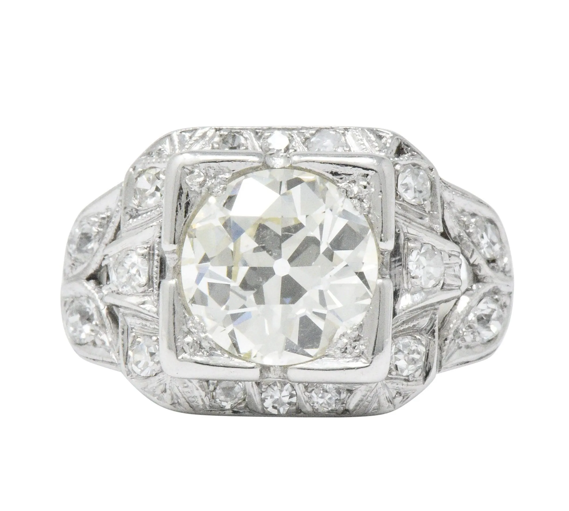 Art Deco 2.69 CTW Diamond Platinum Cushion Foliate Engagement Ring GIA