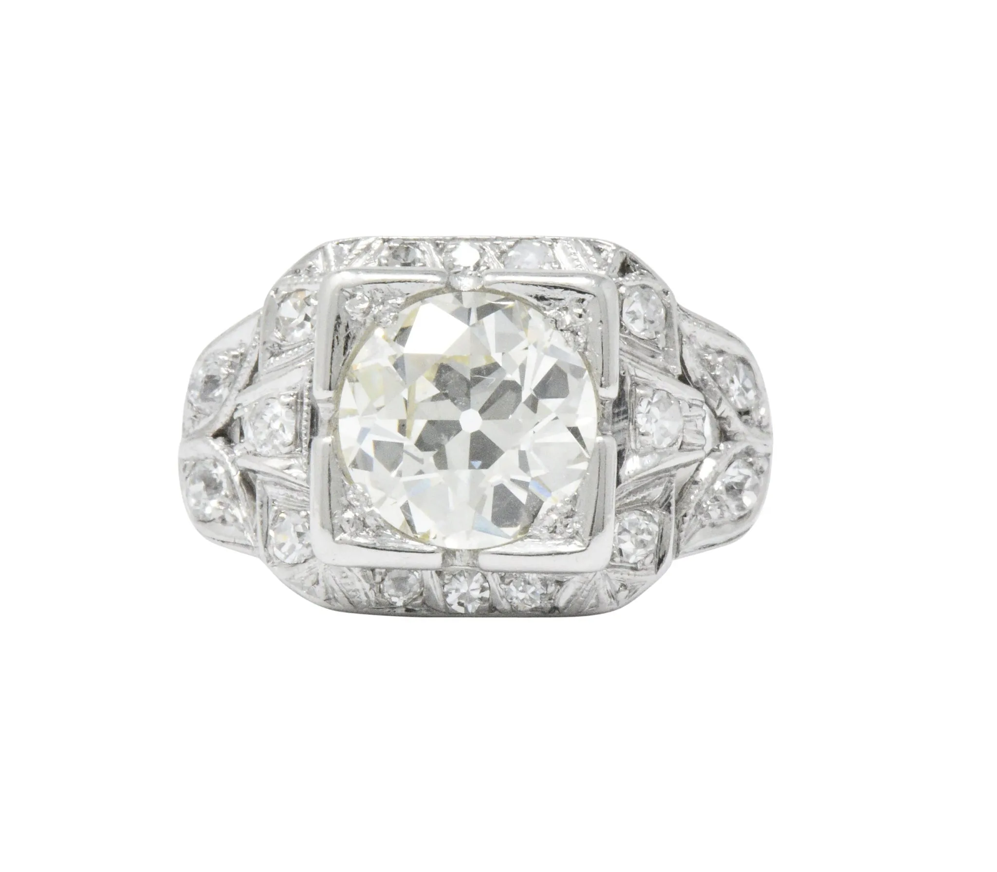 Art Deco 2.69 CTW Diamond Platinum Cushion Foliate Engagement Ring GIA