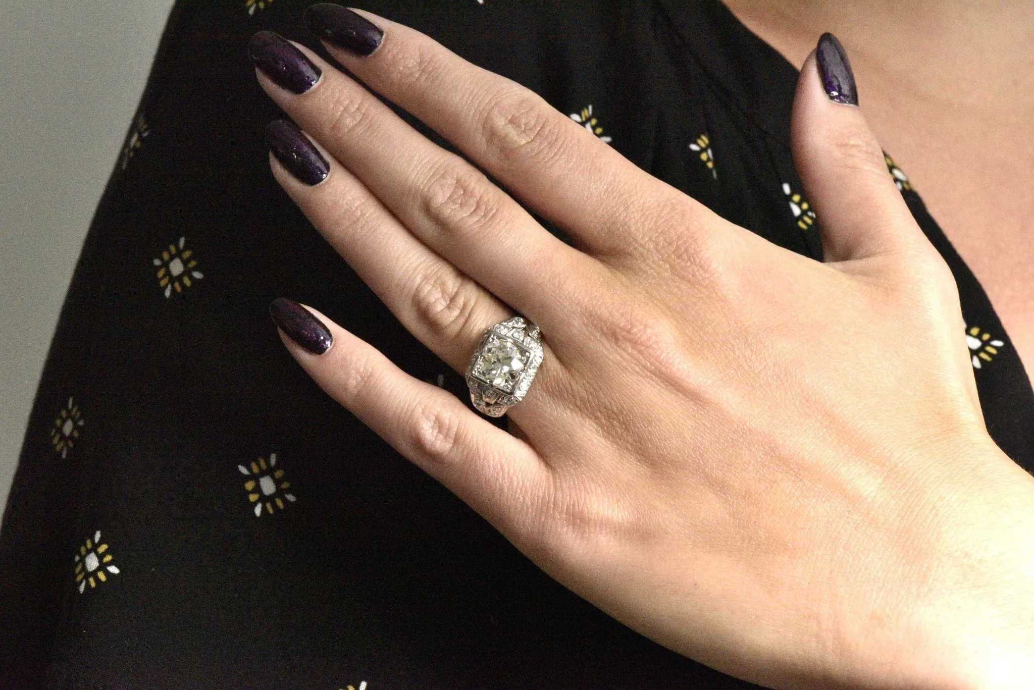 Art Deco 2.69 CTW Diamond Platinum Cushion Foliate Engagement Ring GIA