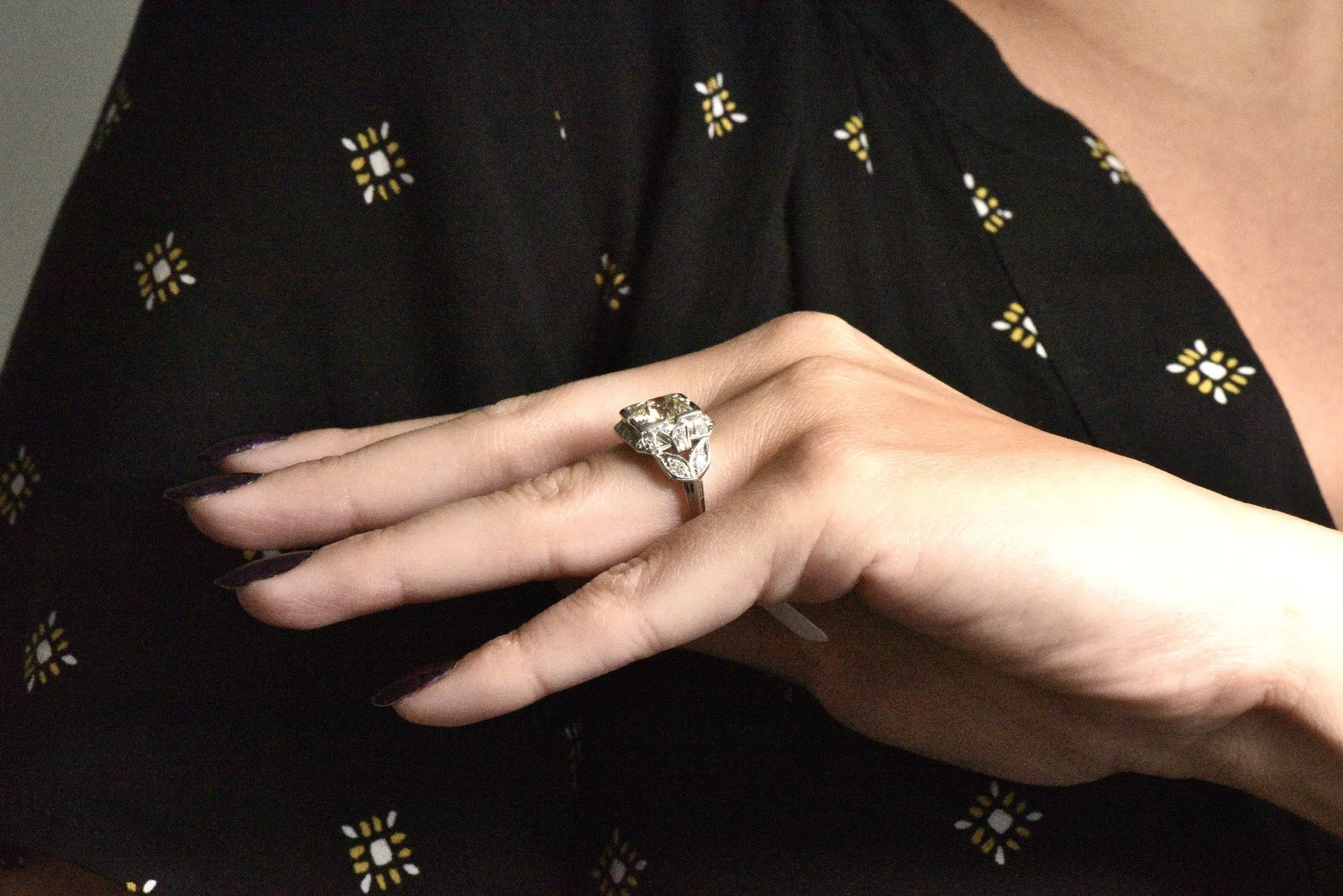 Art Deco 2.69 CTW Diamond Platinum Cushion Foliate Engagement Ring GIA