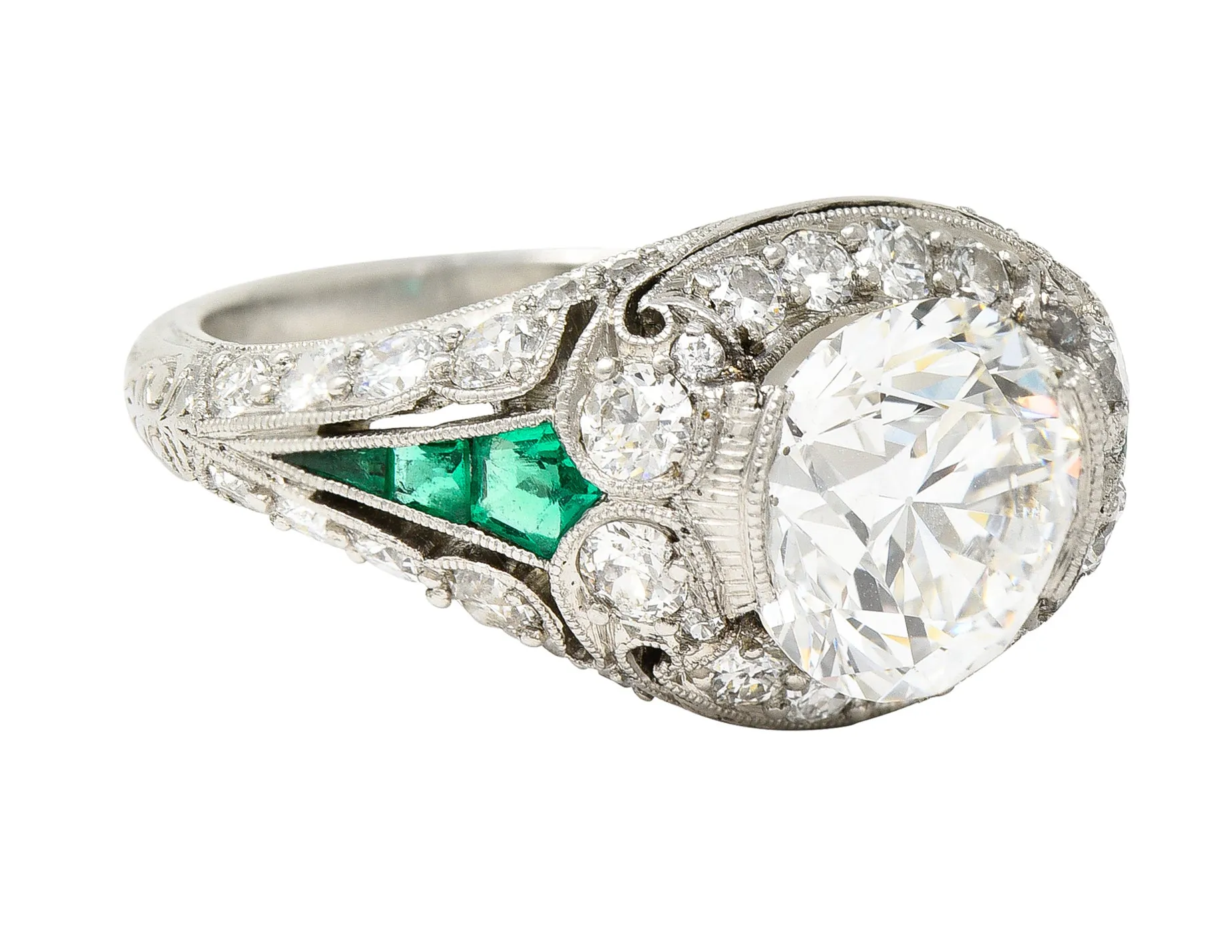 Art Deco 2.74 CTW Old European Cut Diamond Emerald Platinum Vintage Engagement Ring