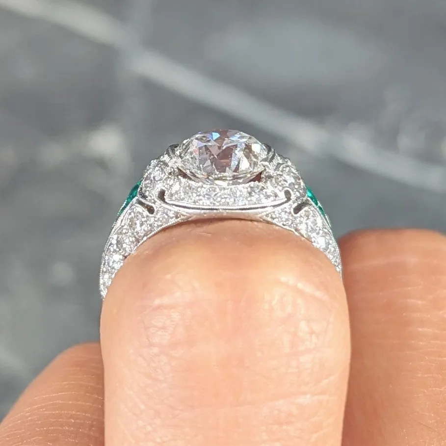 Art Deco 2.74 CTW Old European Cut Diamond Emerald Platinum Vintage Engagement Ring