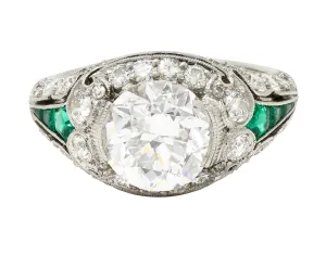Art Deco 2.74 CTW Old European Cut Diamond Emerald Platinum Vintage Engagement Ring