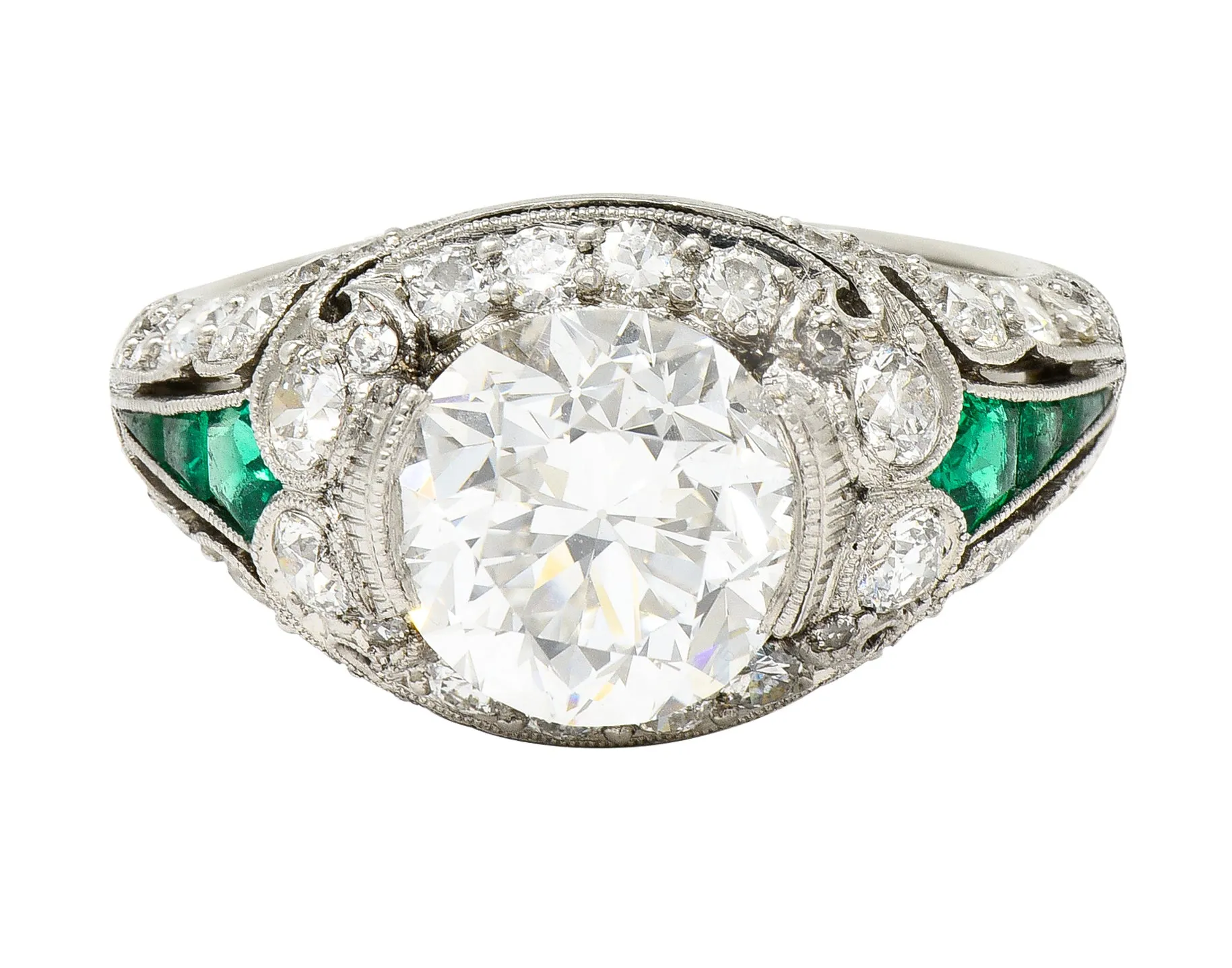 Art Deco 2.74 CTW Old European Cut Diamond Emerald Platinum Vintage Engagement Ring