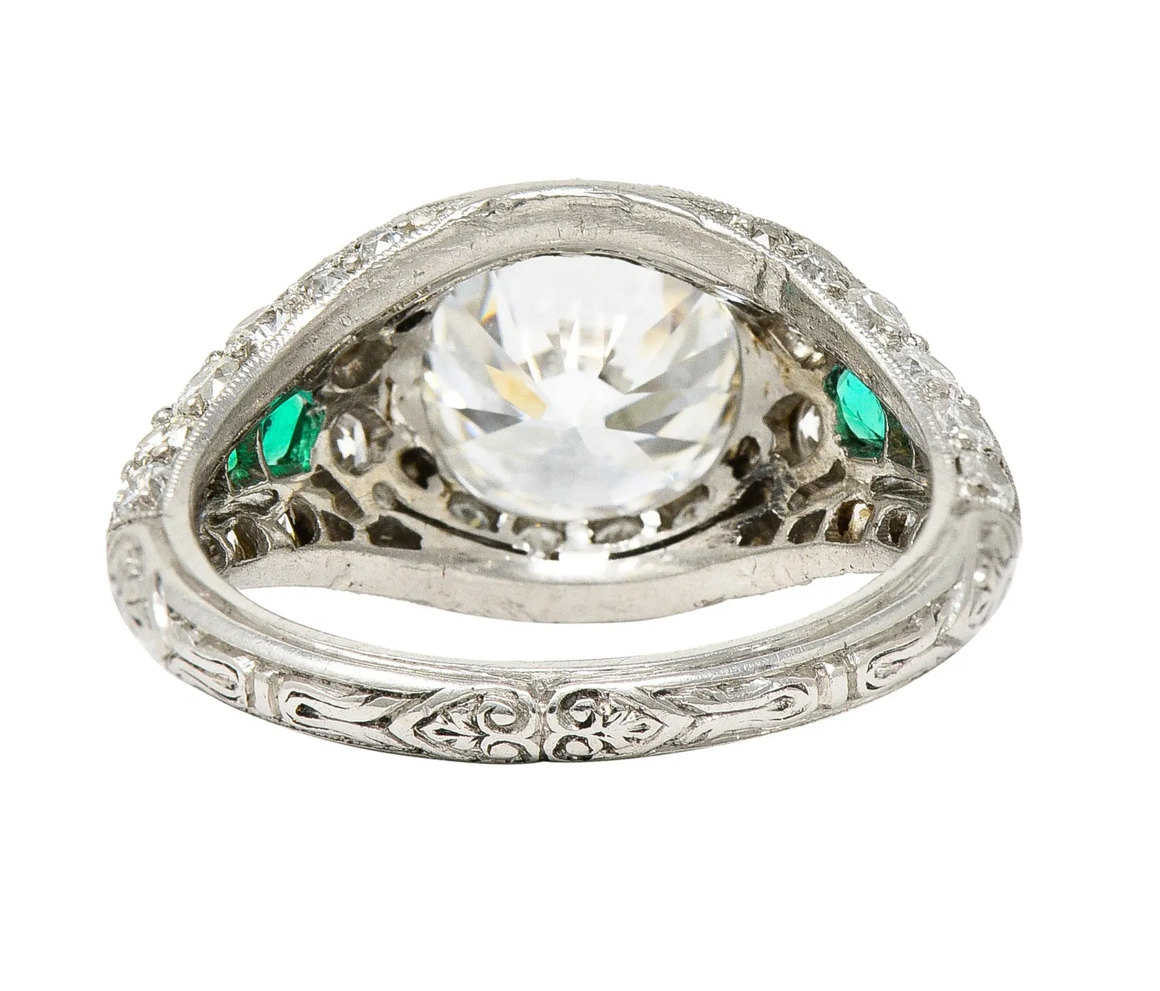 Art Deco 2.74 CTW Old European Cut Diamond Emerald Platinum Vintage Engagement Ring