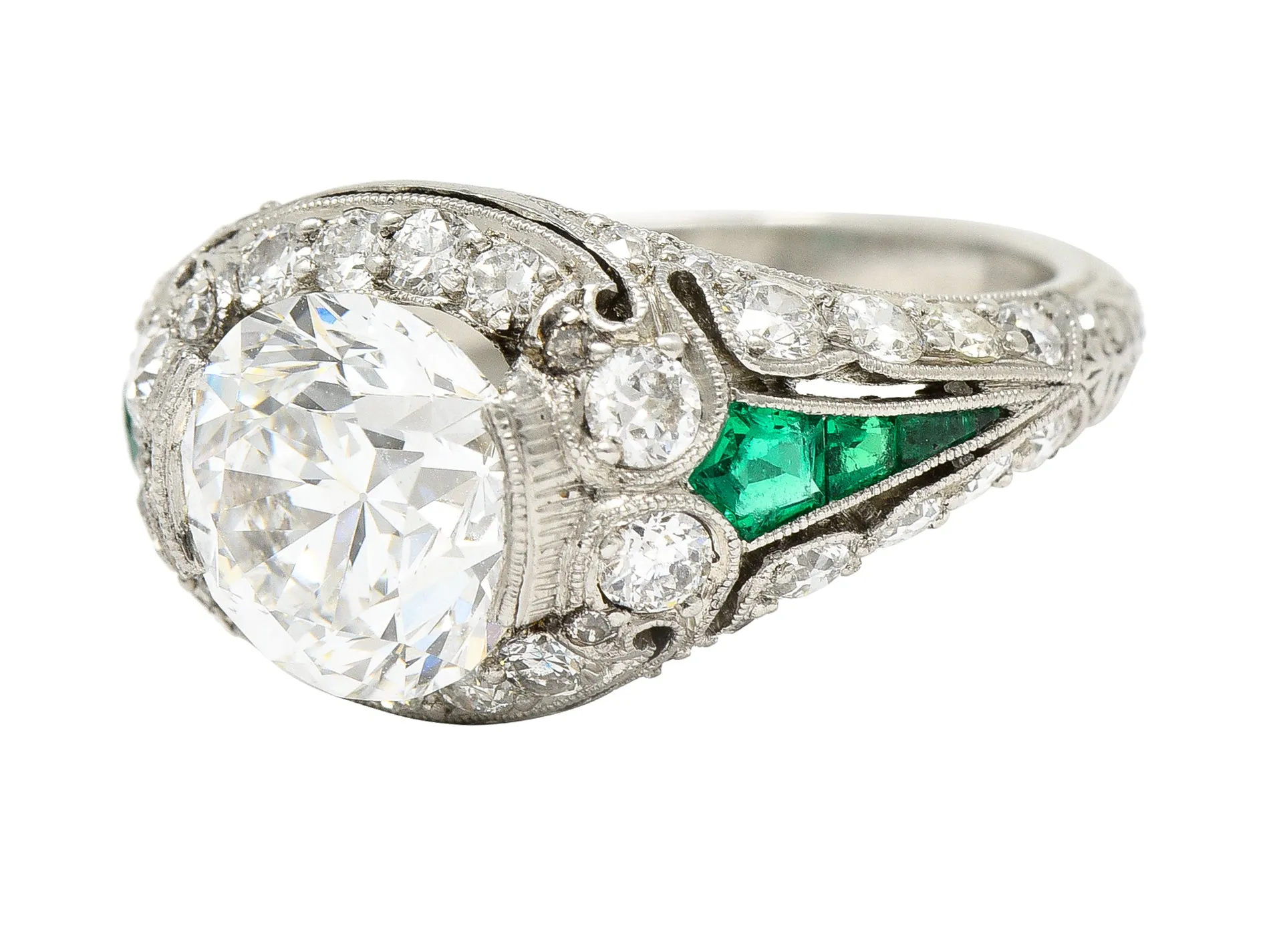 Art Deco 2.74 CTW Old European Cut Diamond Emerald Platinum Vintage Engagement Ring