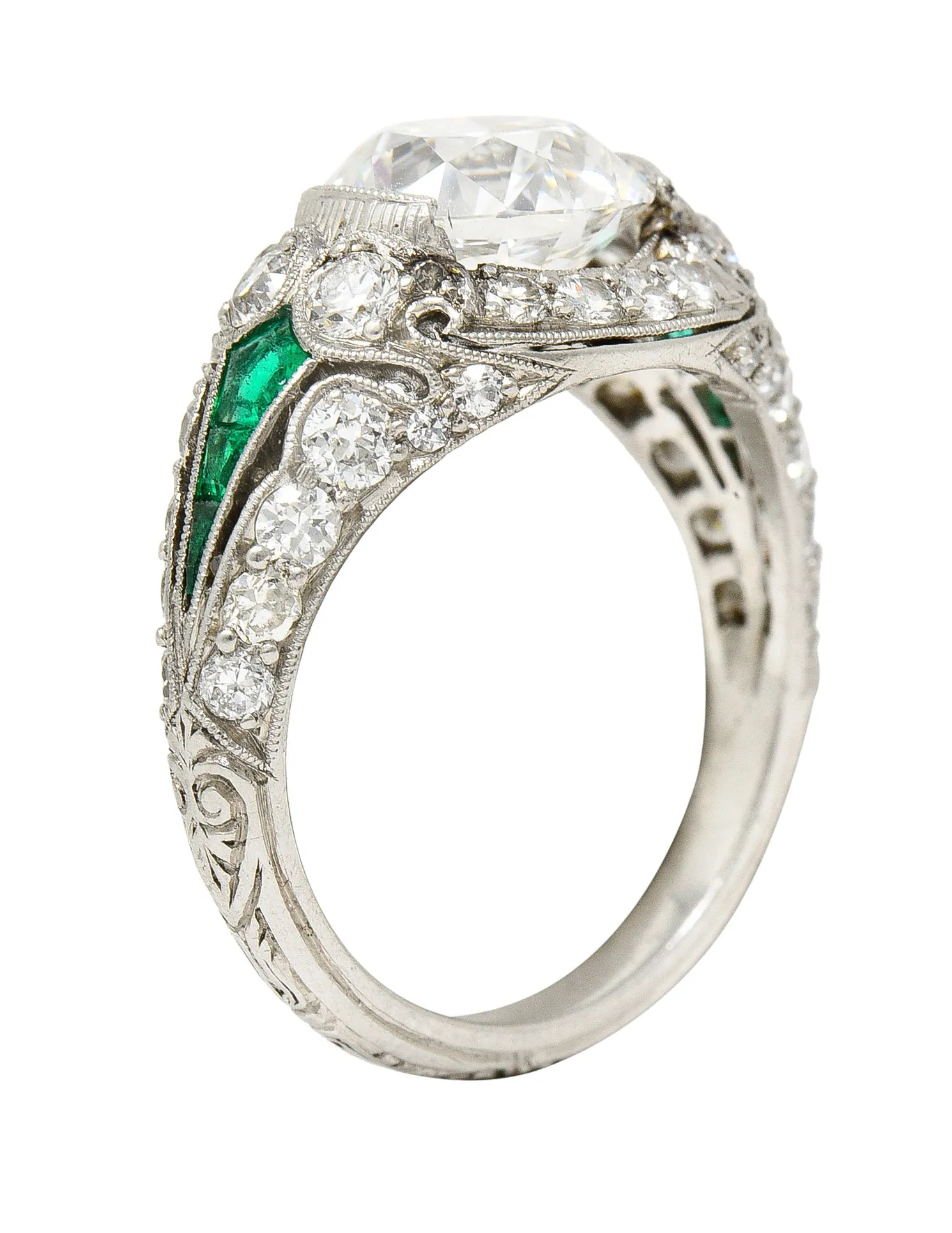 Art Deco 2.74 CTW Old European Cut Diamond Emerald Platinum Vintage Engagement Ring