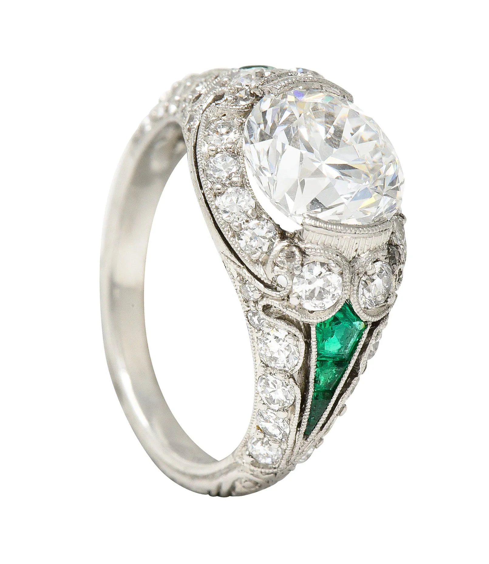 Art Deco 2.74 CTW Old European Cut Diamond Emerald Platinum Vintage Engagement Ring