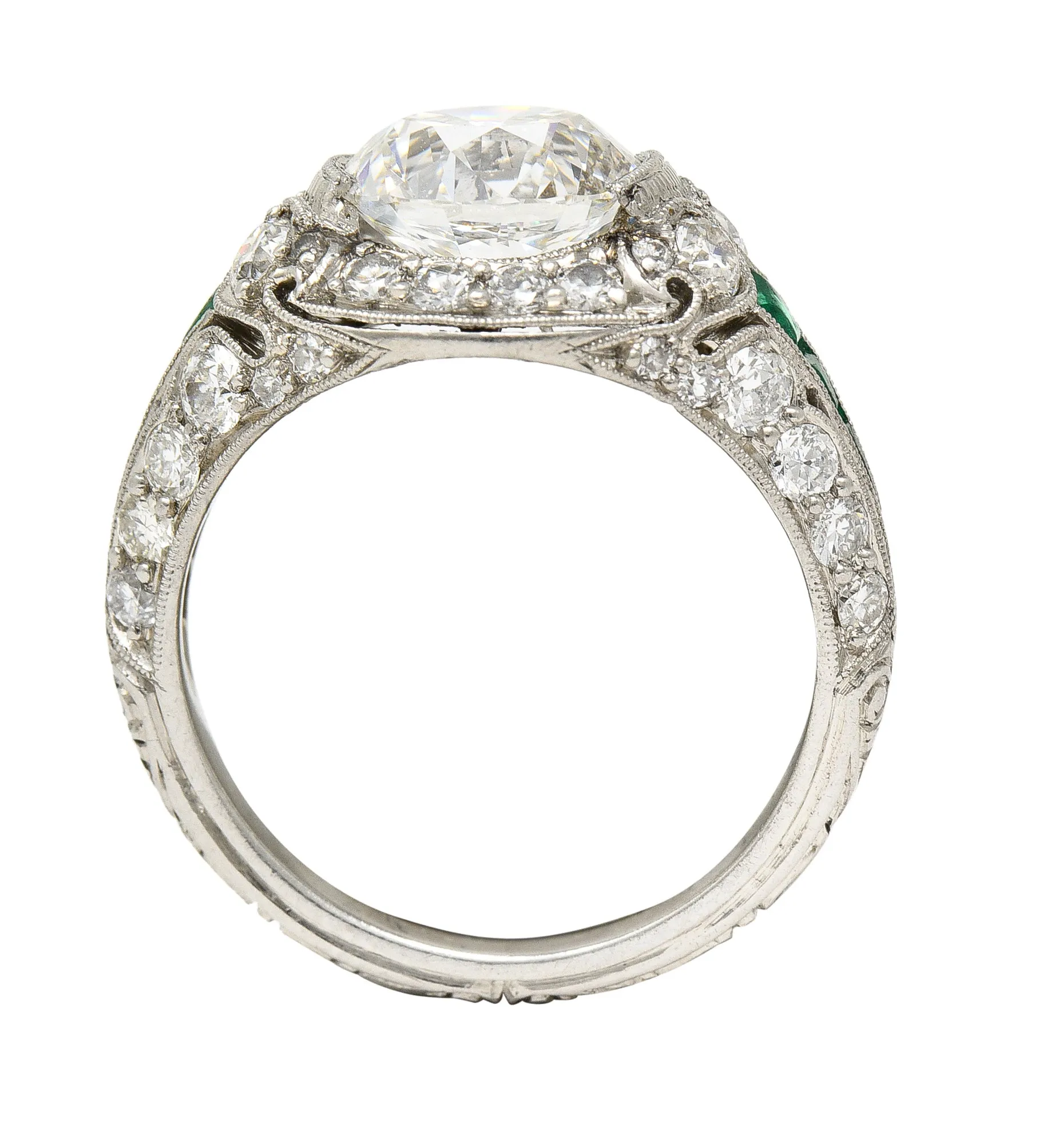 Art Deco 2.74 CTW Old European Cut Diamond Emerald Platinum Vintage Engagement Ring
