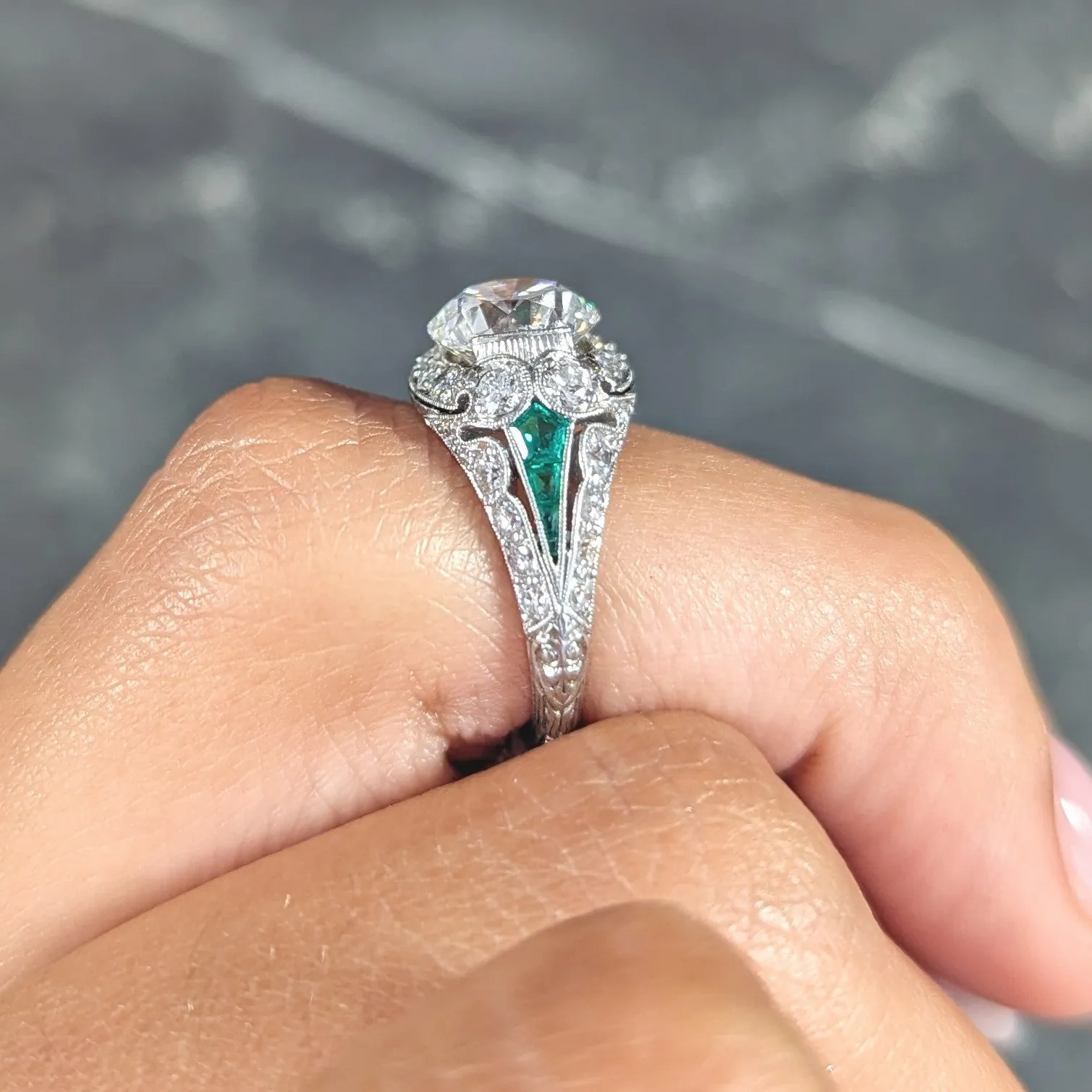Art Deco 2.74 CTW Old European Cut Diamond Emerald Platinum Vintage Engagement Ring