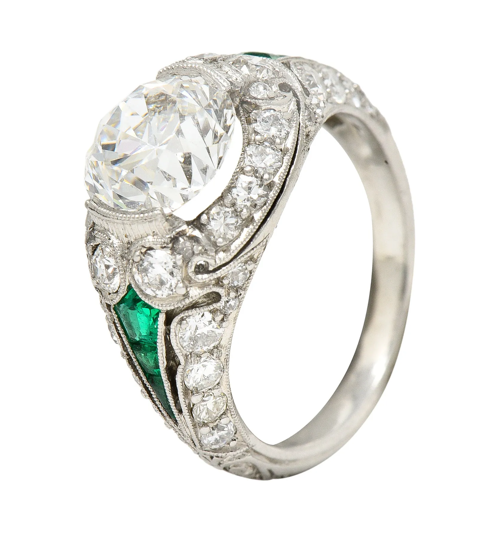 Art Deco 2.74 CTW Old European Cut Diamond Emerald Platinum Vintage Engagement Ring
