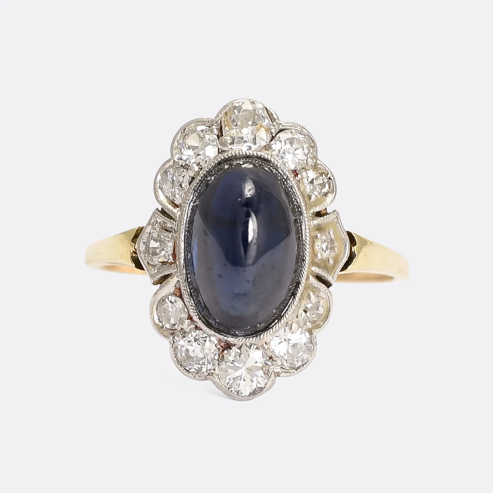 Art Deco 3.0ct Cabochon Sapphire & Diamond Flower Cluster Ring