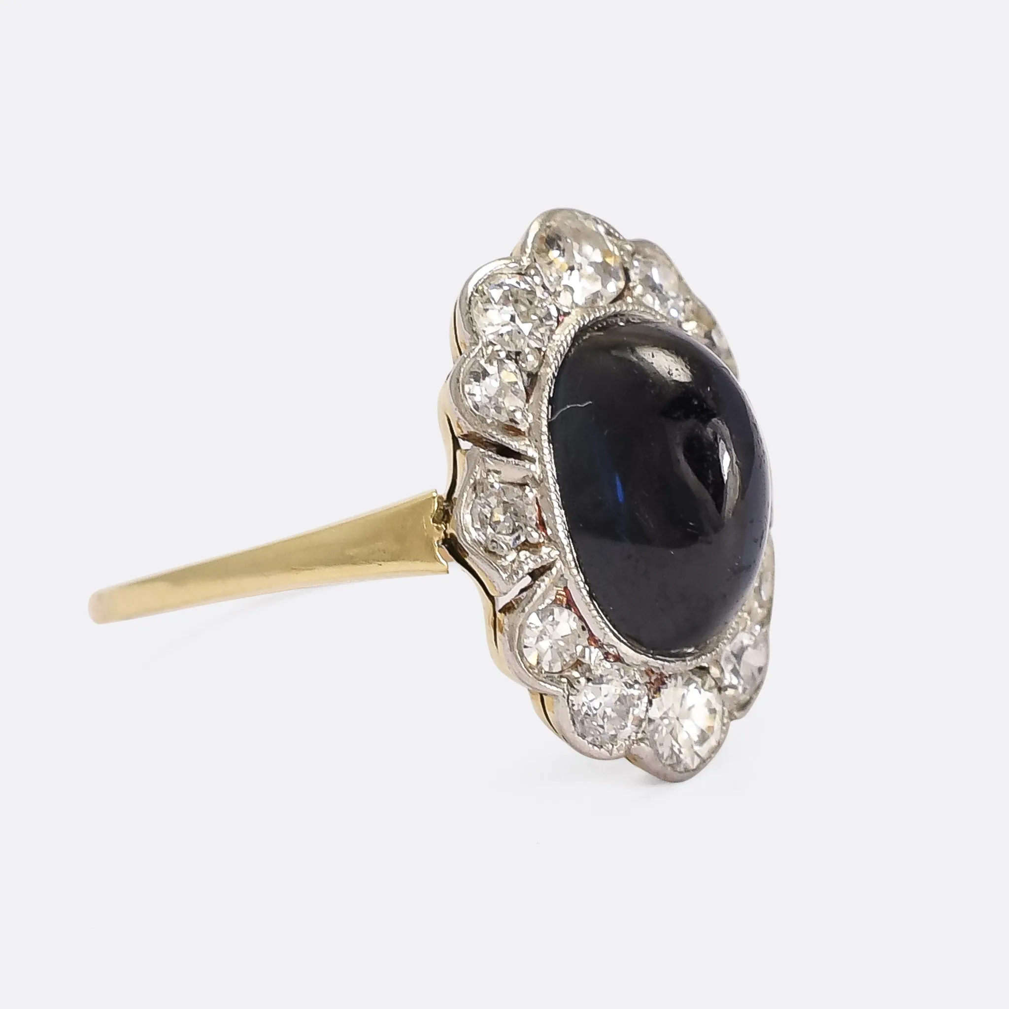Art Deco 3.0ct Cabochon Sapphire & Diamond Flower Cluster Ring