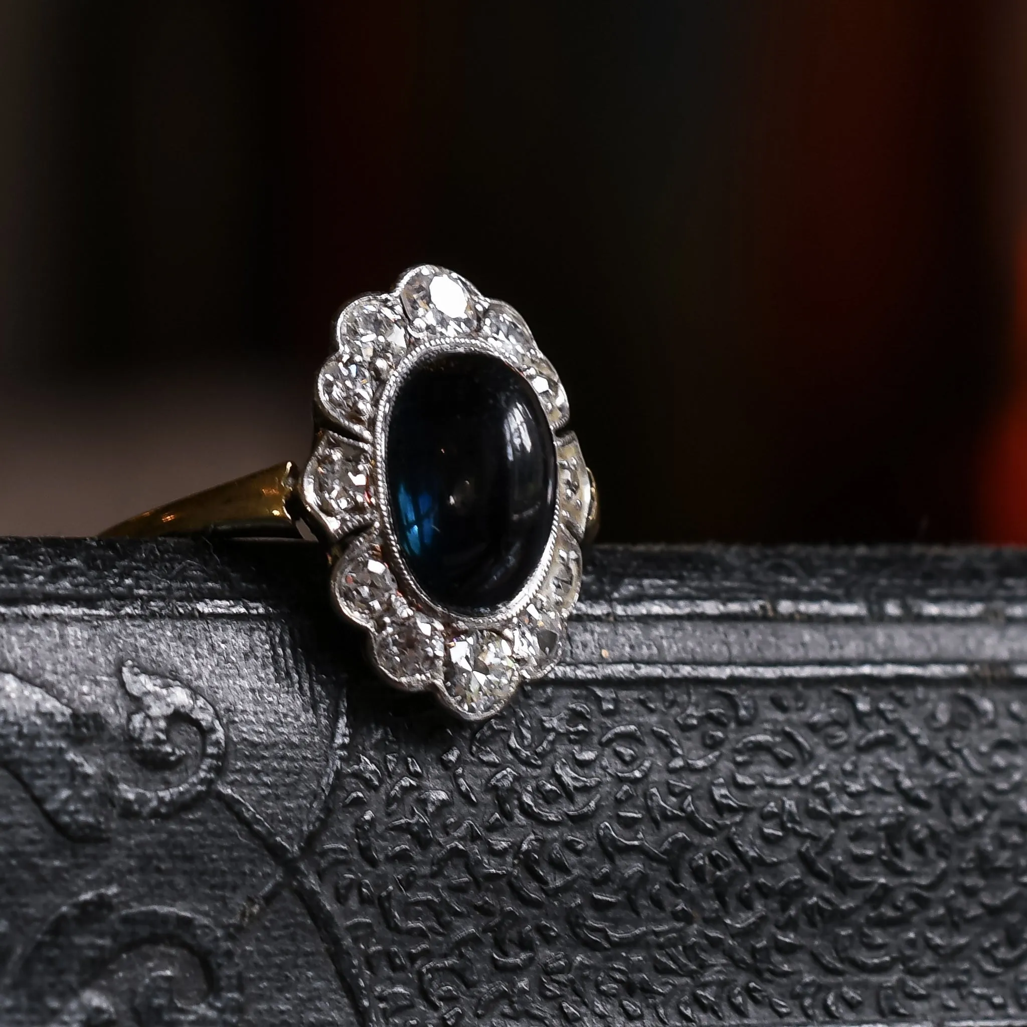 Art Deco 3.0ct Cabochon Sapphire & Diamond Flower Cluster Ring