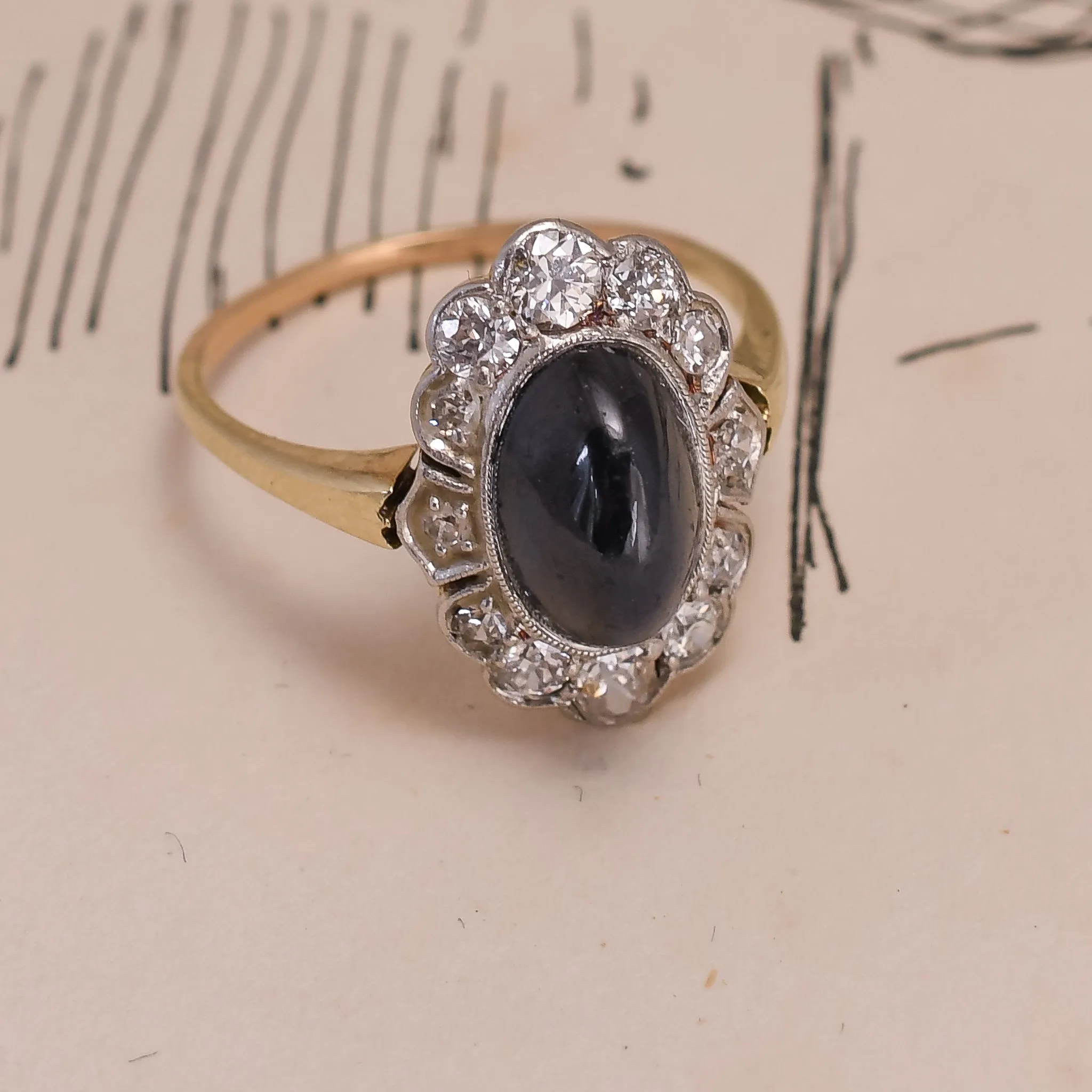 Art Deco 3.0ct Cabochon Sapphire & Diamond Flower Cluster Ring
